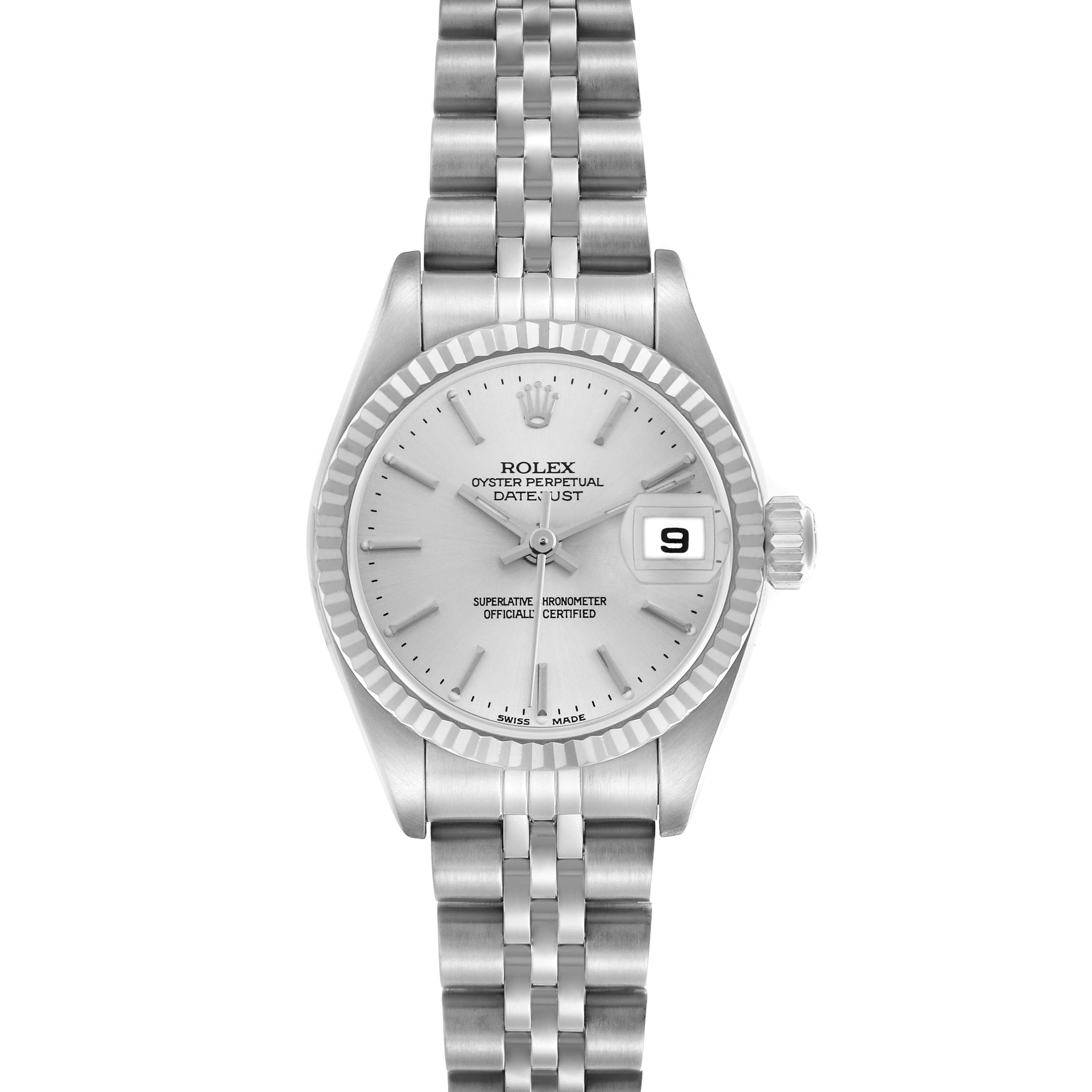 The Rolex Datejust 79174 Women's Stainless Steel Silver Dial watch is shown from a front angle, highlighting the face, fluted bezel, and bracelet.