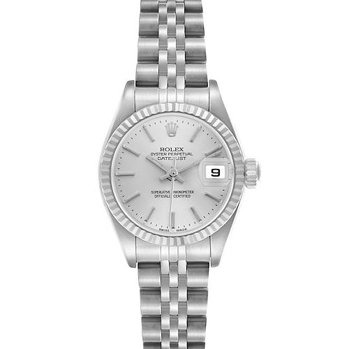 The Rolex Datejust 79174 Women's Stainless Steel Silver Dial watch is shown from a front angle, highlighting the dial, fluted bezel, date display, and bracelet.