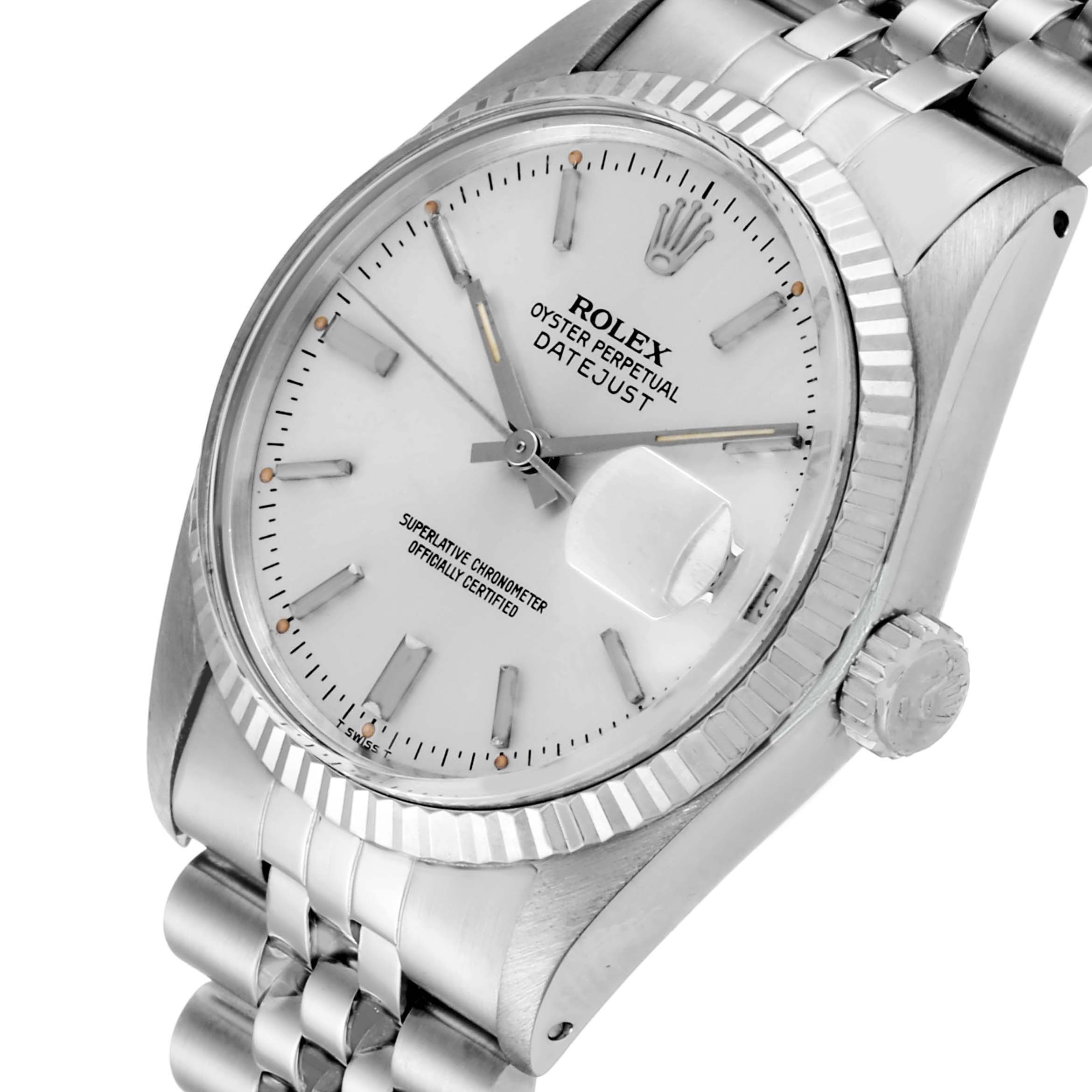 The image shows a Rolex Vintage Collection 16014 Men's Stainless Steel Silver Dial 16014 Men's Stainless Steel Silver Dial Oyster Perpetual Datejust watch from an angled top view.