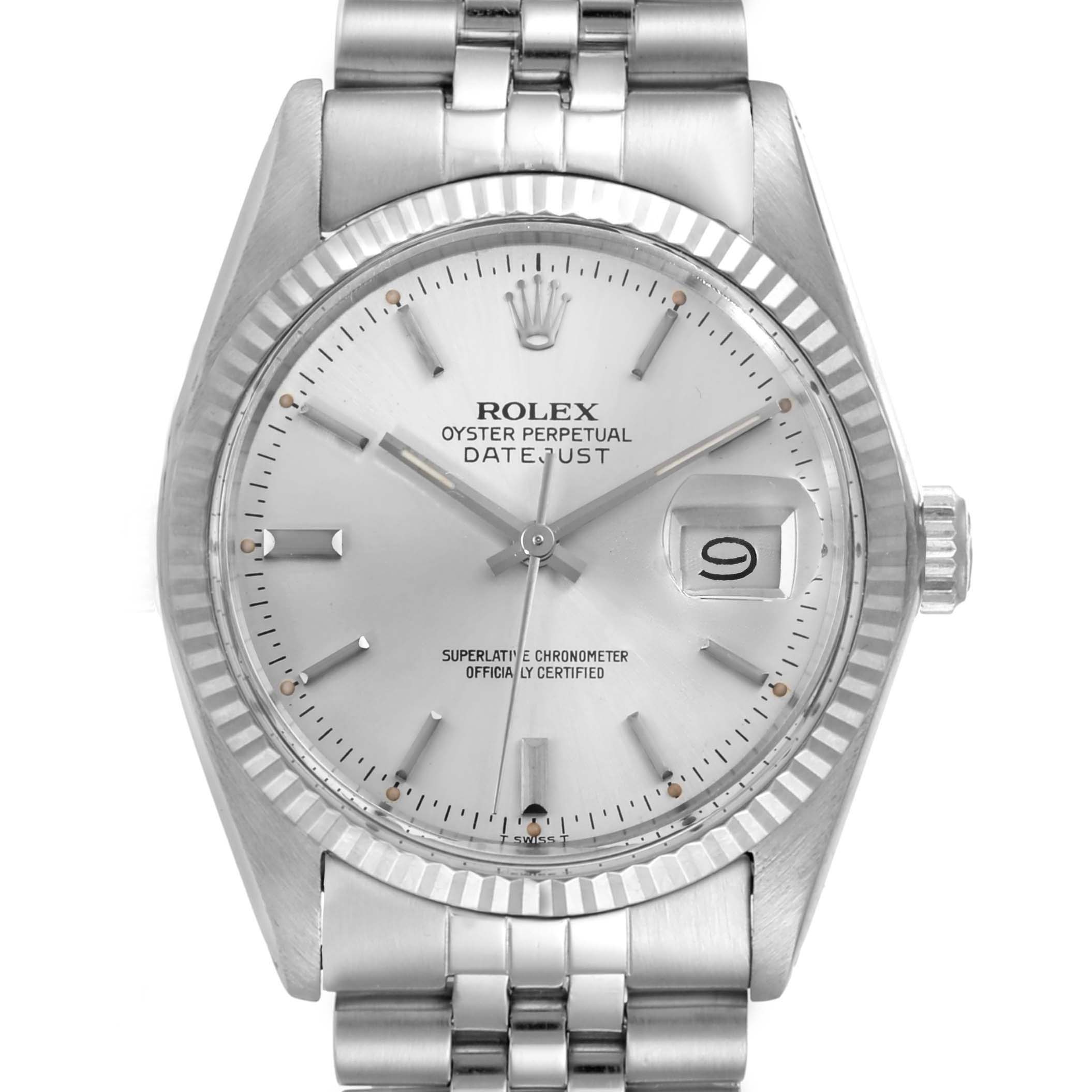This Rolex Vintage Collection 16014 Men's Stainless Steel Silver Dial 16014 Men's Stainless Steel Silver Dial Datejust watch is shown from the front, highlighting the dial, bezel, crown, and bracelet.