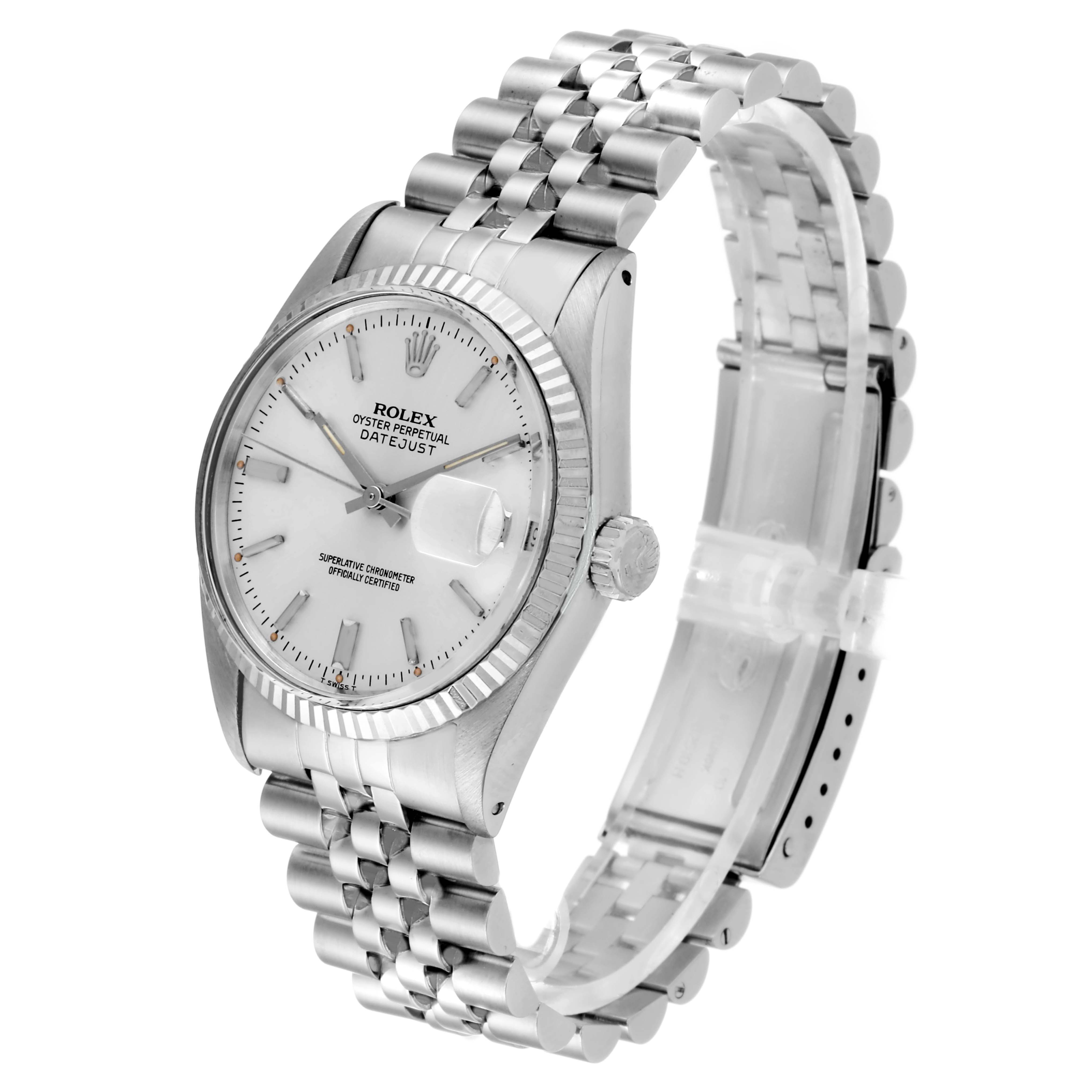 The watch is a Vintage Collection model by Rolex shown at an angled view, highlighting its face, bezel, crown, and metal bracelet.