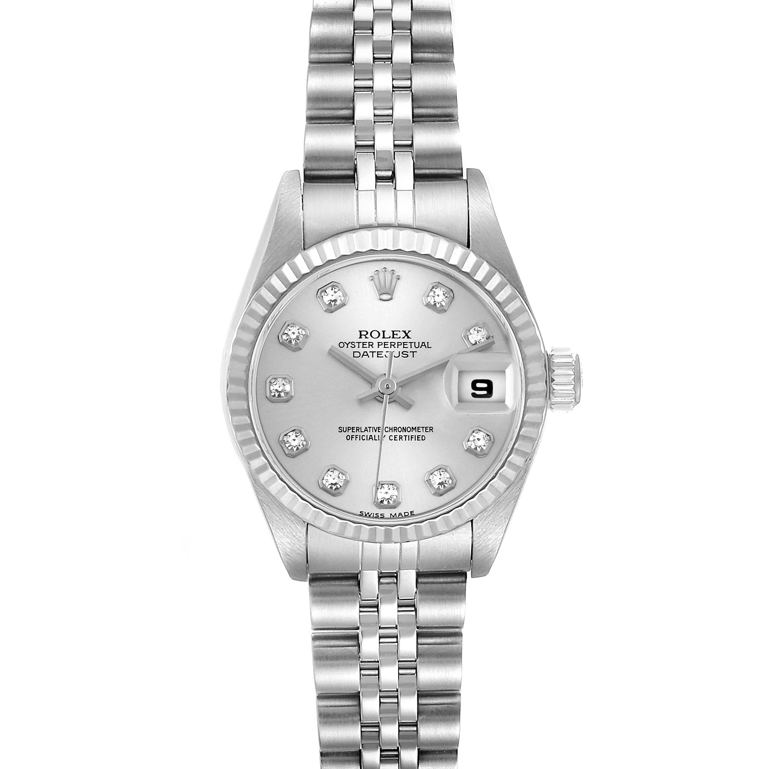The Rolex Datejust 79174 Women's Stainless Steel Silver Dial 79174 Women's Stainless Steel Silver Dial watch is shown from a front angle, displaying its face, bezel, bracelet, and crown.