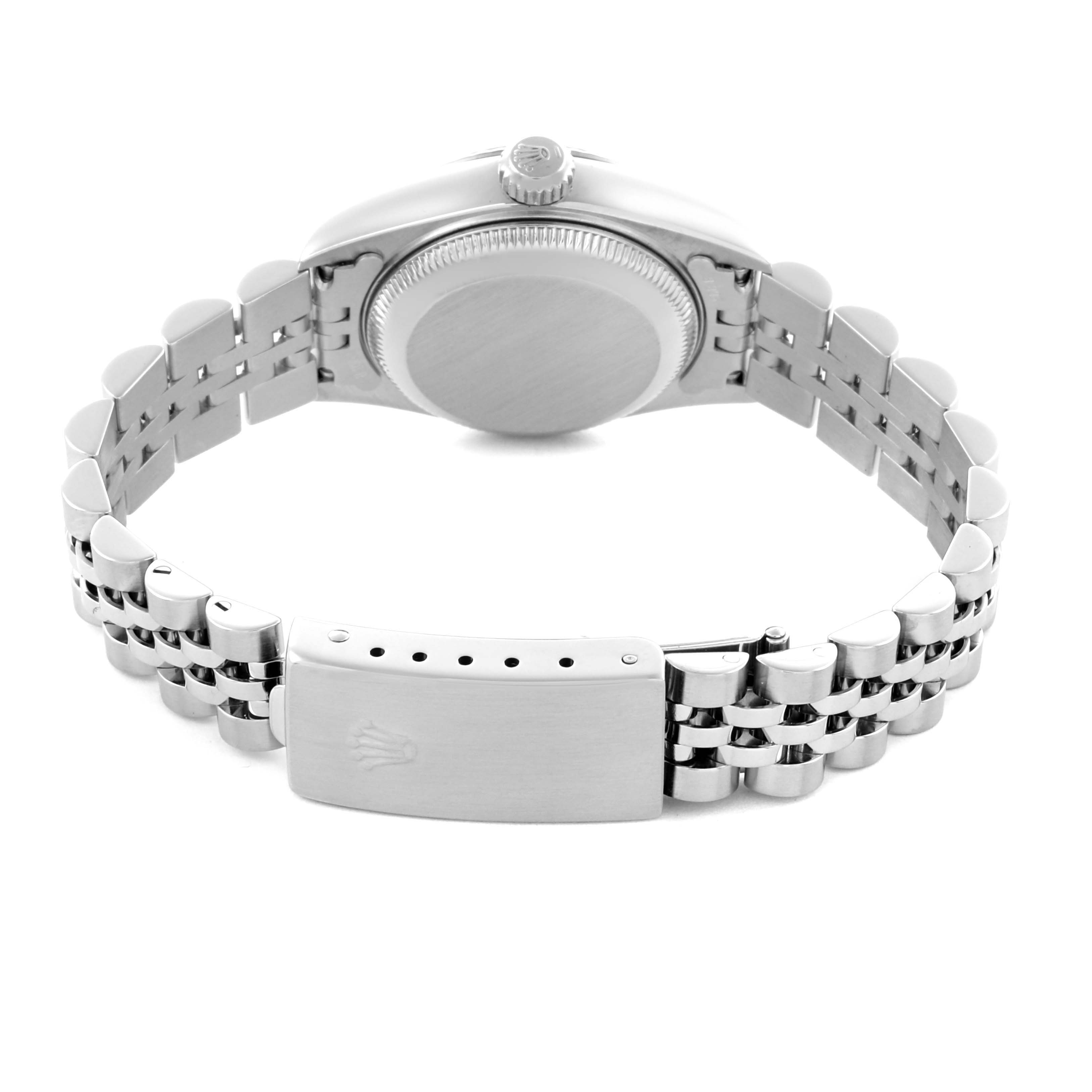 The image shows the back and clasp of a Rolex Datejust 79174 Women's Stainless Steel Silver Dial 79174 Women's Stainless Steel Silver Dial watch, highlighting the bracelet and crown.