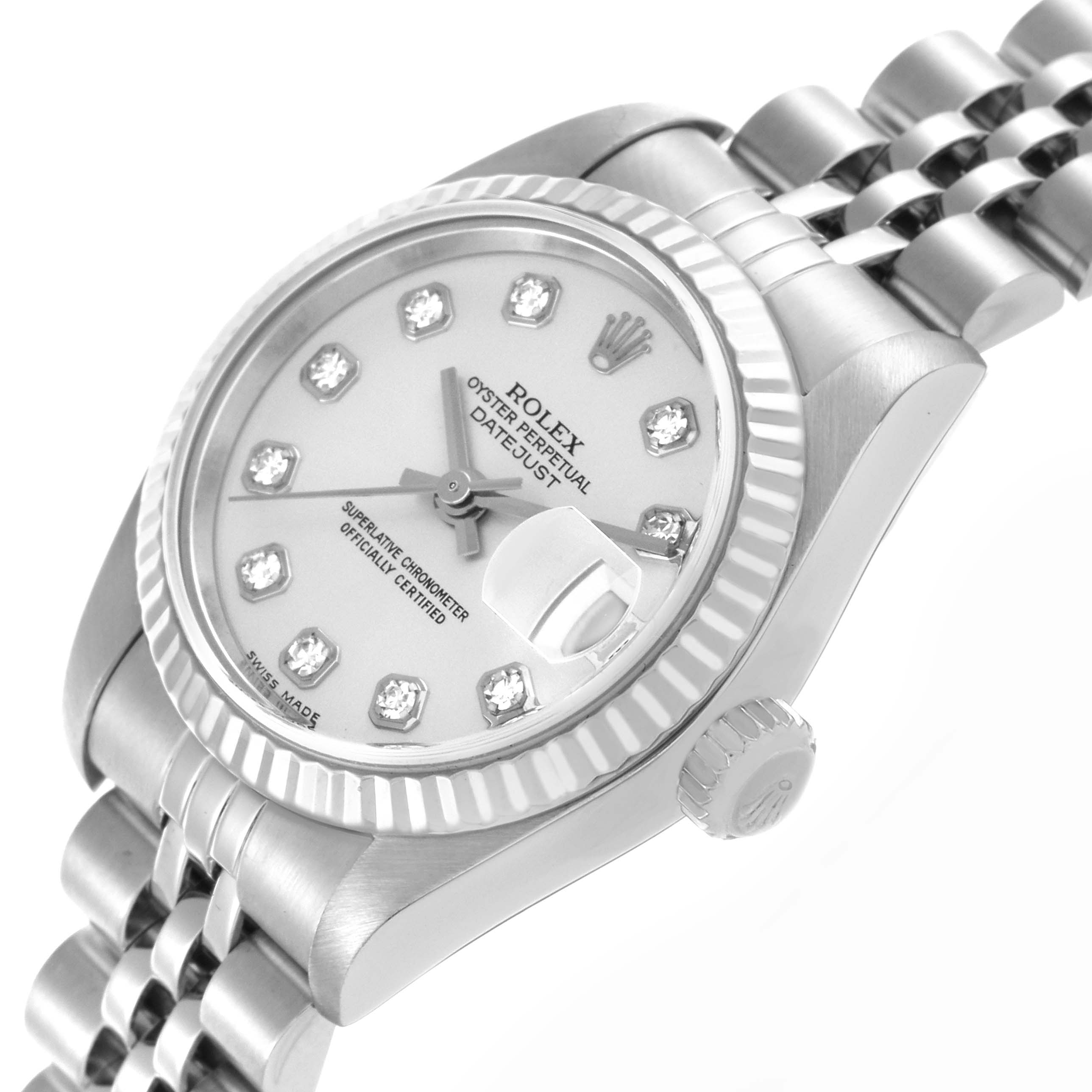 The Rolex Datejust 79174 Women's Stainless Steel Silver Dial 79174 Women's Stainless Steel Silver Dial watch is shown at an angled view highlighting the face, bezel, and part of the bracelet.
