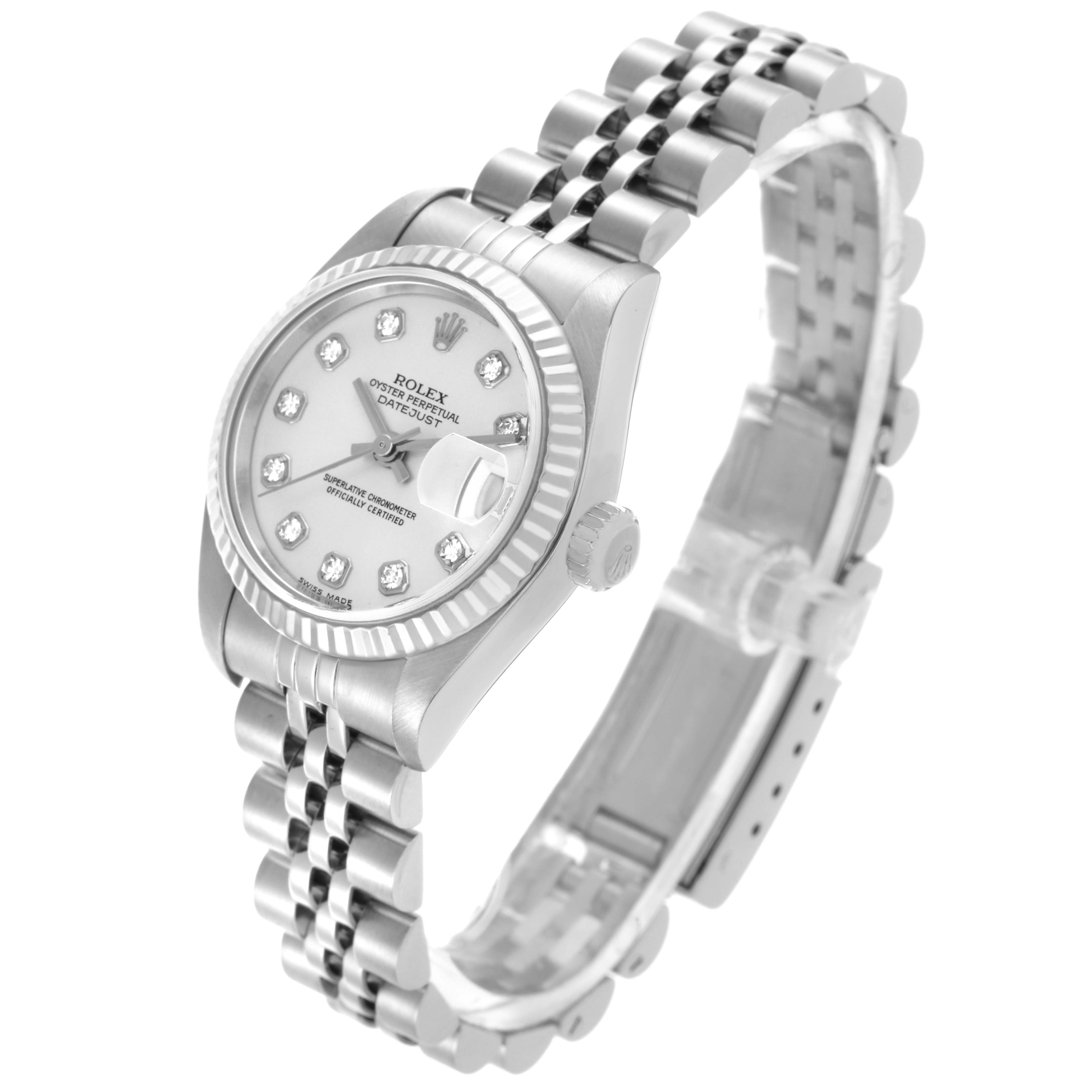 The Rolex Datejust 79174 Women's Stainless Steel Silver Dial 79174 Women's Stainless Steel Silver Dial watch is shown at a three-quarter angle, highlighting the face, bezel, crown, and bracelet.