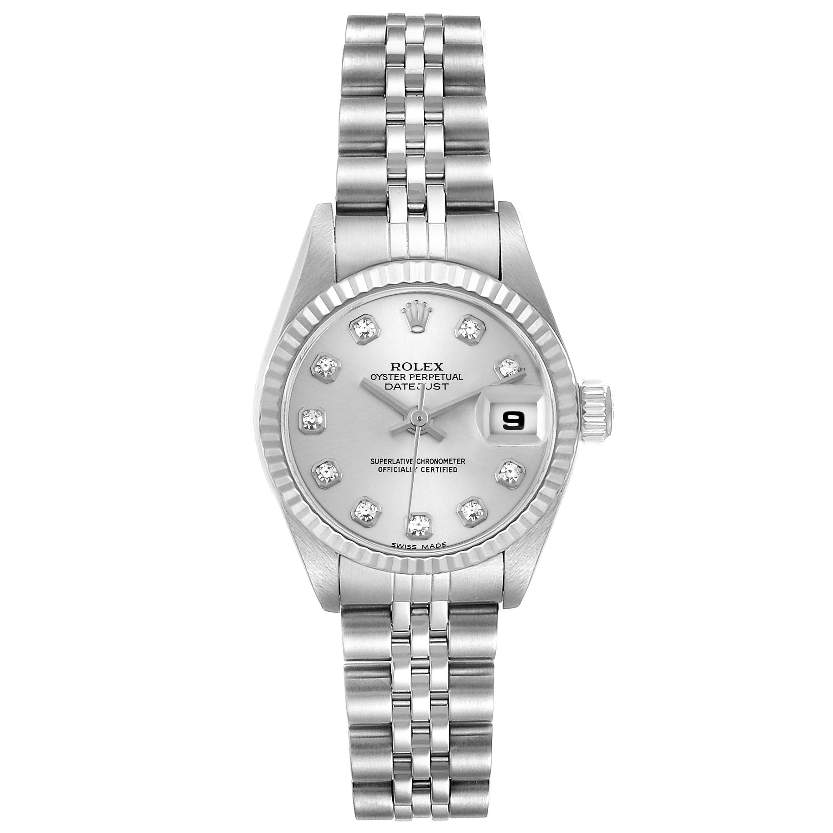 The Rolex Datejust 79174 Women's Stainless Steel Silver Dial 79174 Women's Stainless Steel Silver Dial watch is shown from the front, displaying the dial, bezel, crown, and full bracelet.