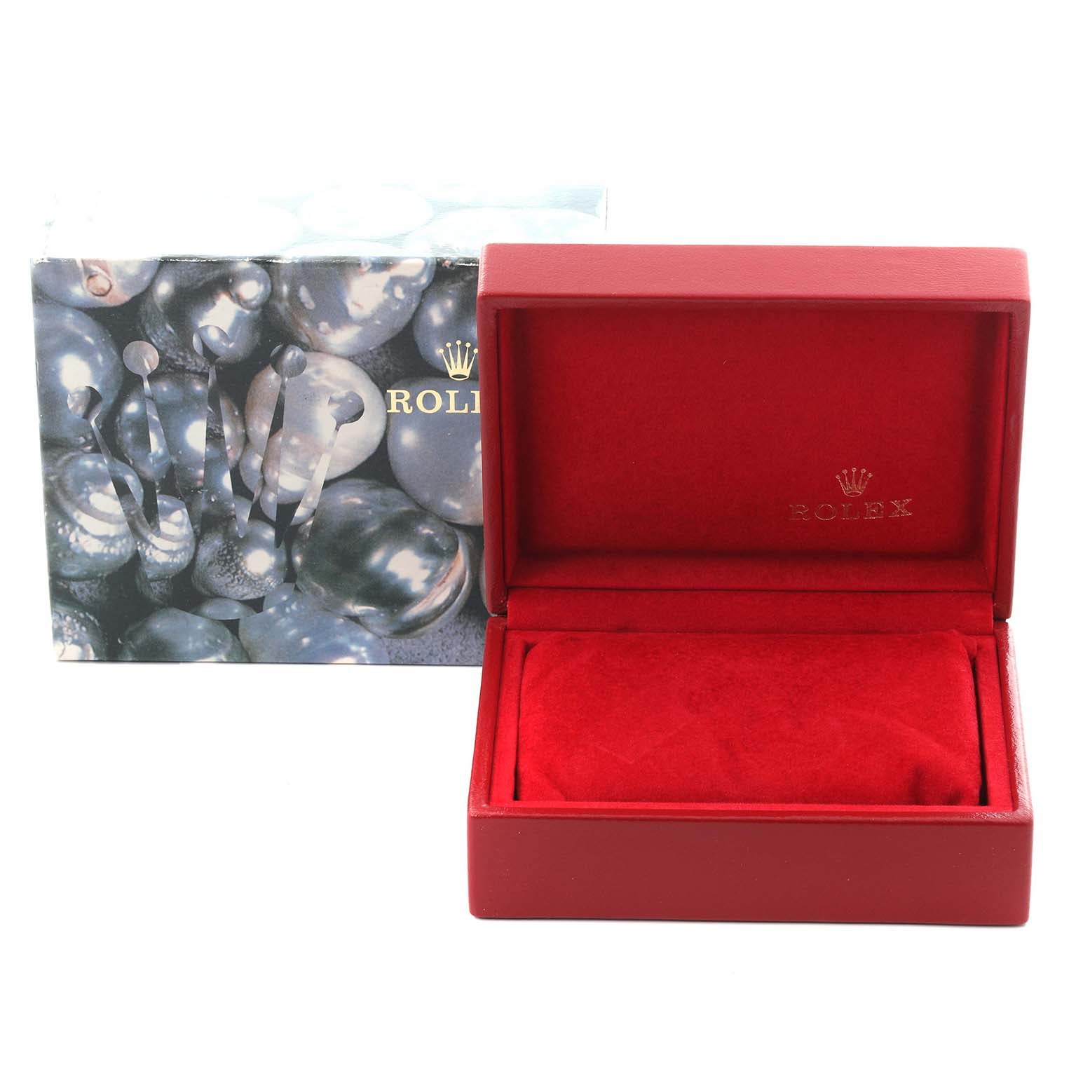 The image shows an open red box for a Rolex Datejust 79174 Women's Stainless Steel Silver Dial 79174 Women's Stainless Steel Silver Dial, viewed from the front, with the box cover partially visible.