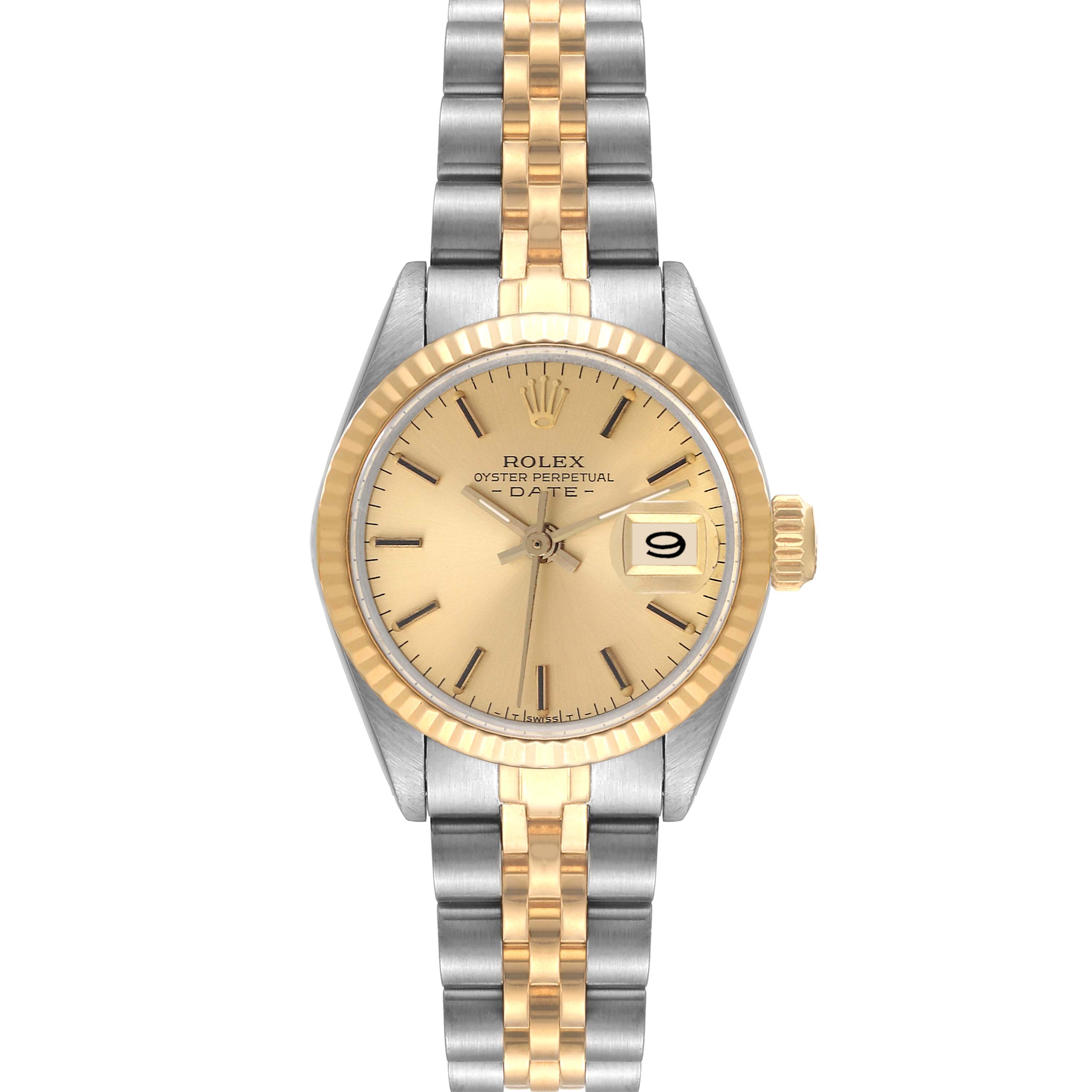 The Rolex Datejust 6917 Women's Steel and Gold (two tone) Champagne Dial 6917 Women's Steel and Gold (two tone) Champagne Dial watch is shown from a frontal angle, displaying its dial, bezel, and two-tone bracelet.