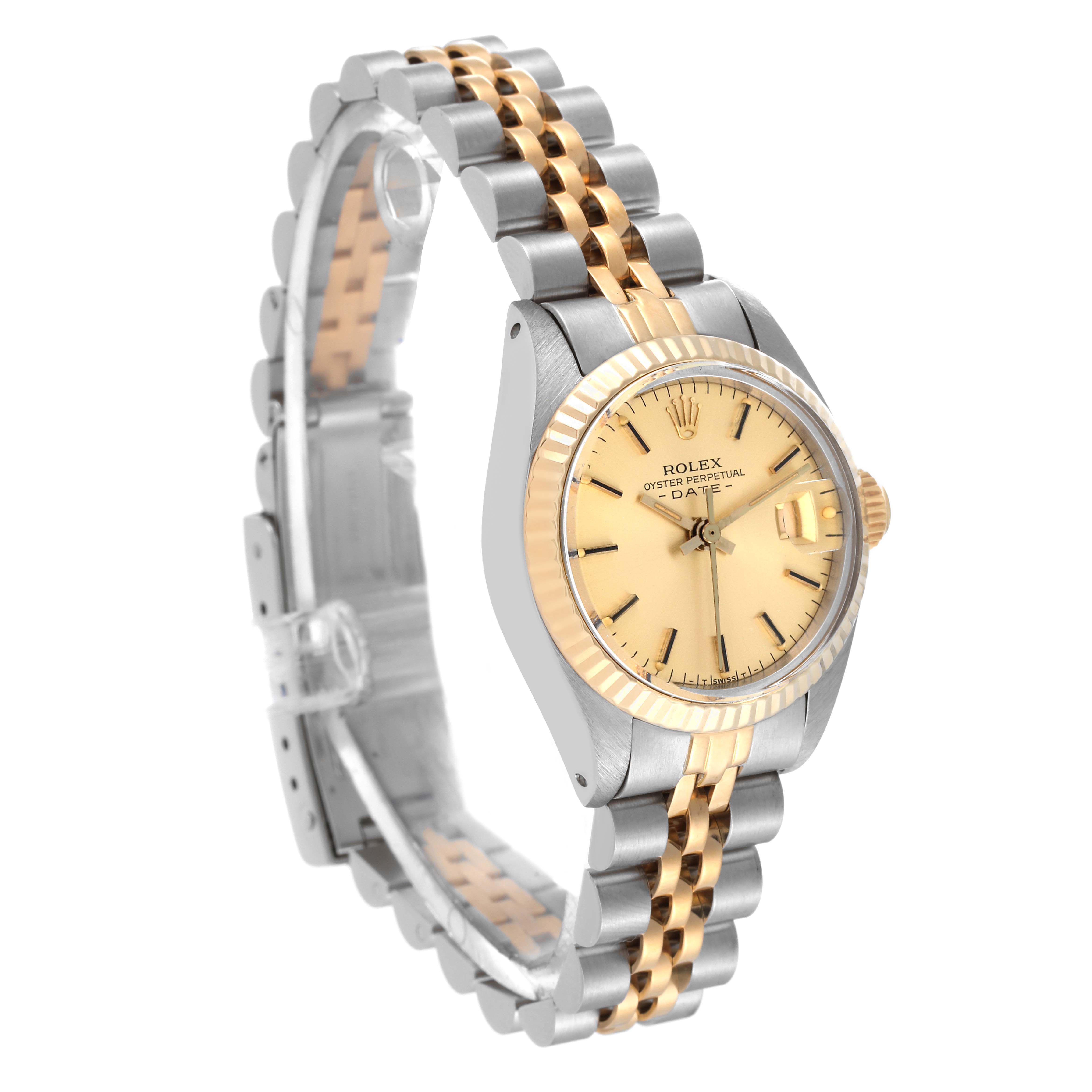 The image shows a Rolex Datejust 6917 Women's Steel and Gold (two tone) Champagne Dial 6917 Women's Steel and Gold (two tone) Champagne Dial watch from a front angle, highlighting the dial, bracelet, and clasp in a two-tone finish.