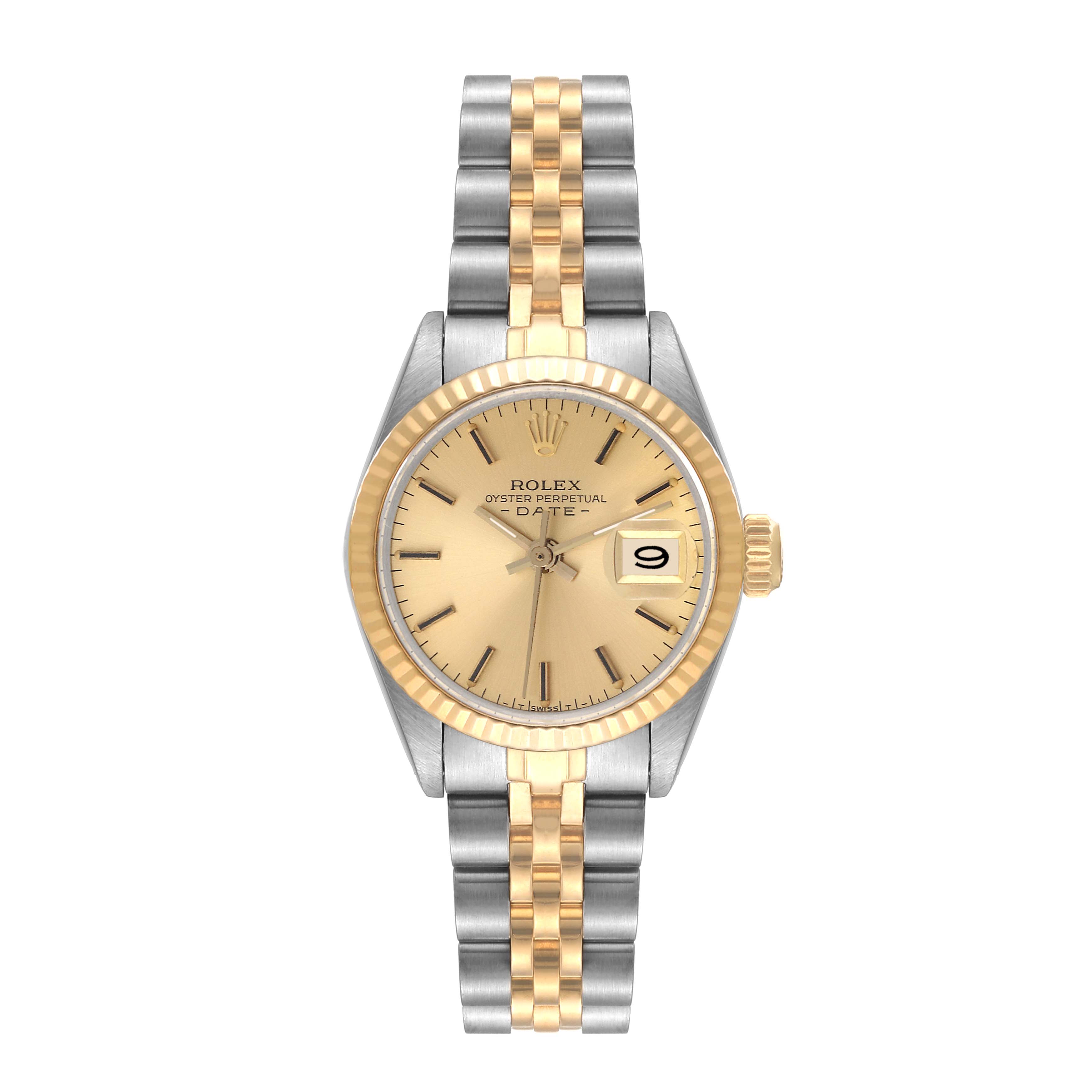 The image shows a frontal view of a Rolex Datejust 6917 Women's Steel and Gold (two tone) Champagne Dial 6917 Women's Steel and Gold (two tone) Champagne Dial watch, featuring a two-tone bracelet and a gold dial with a date window.
