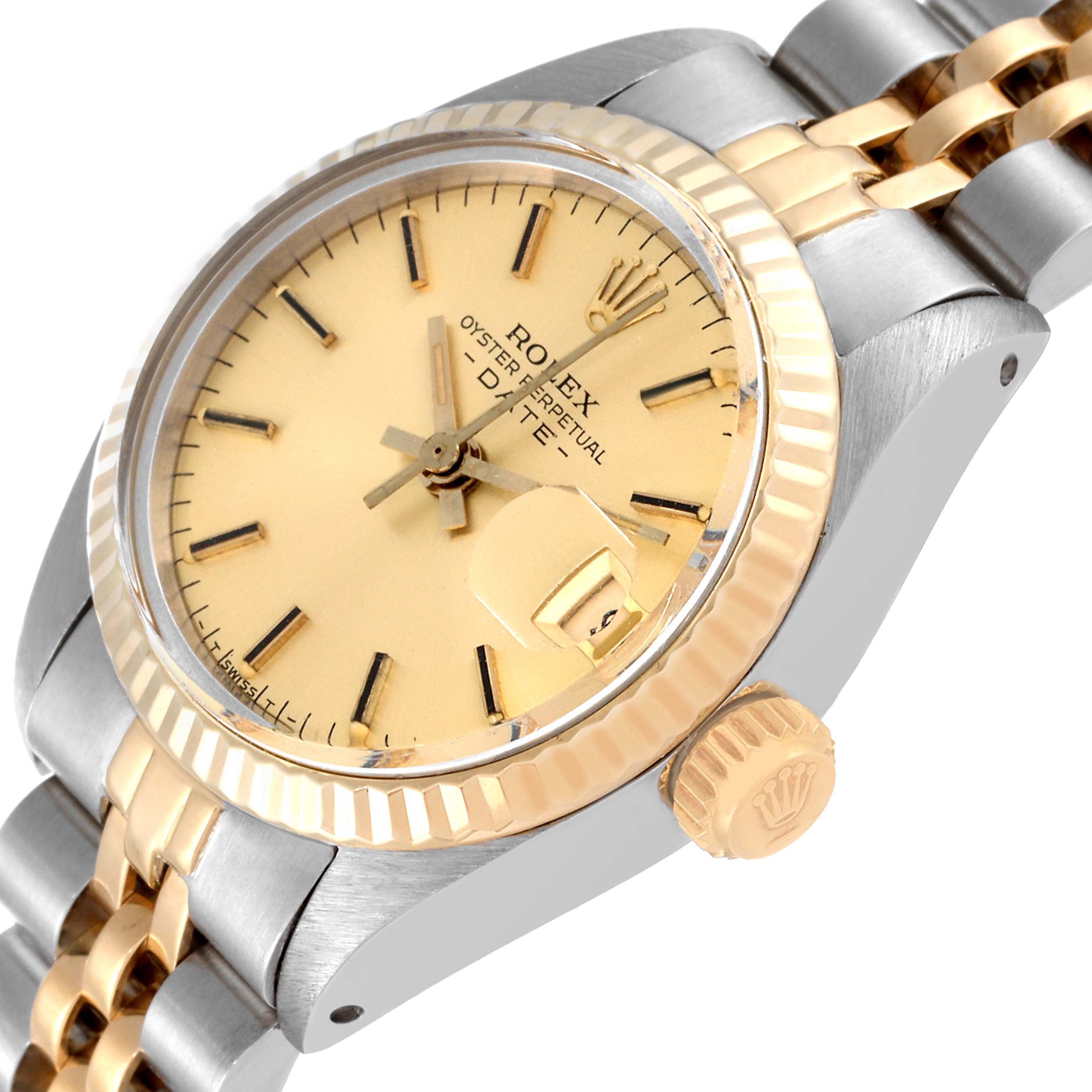 This image shows the Rolex Datejust 6917 Women's Steel and Gold (two tone) Champagne Dial 6917 Women's Steel and Gold (two tone) Champagne Dial watch at an oblique angle, highlighting its dial, fluted bezel, and crown.
