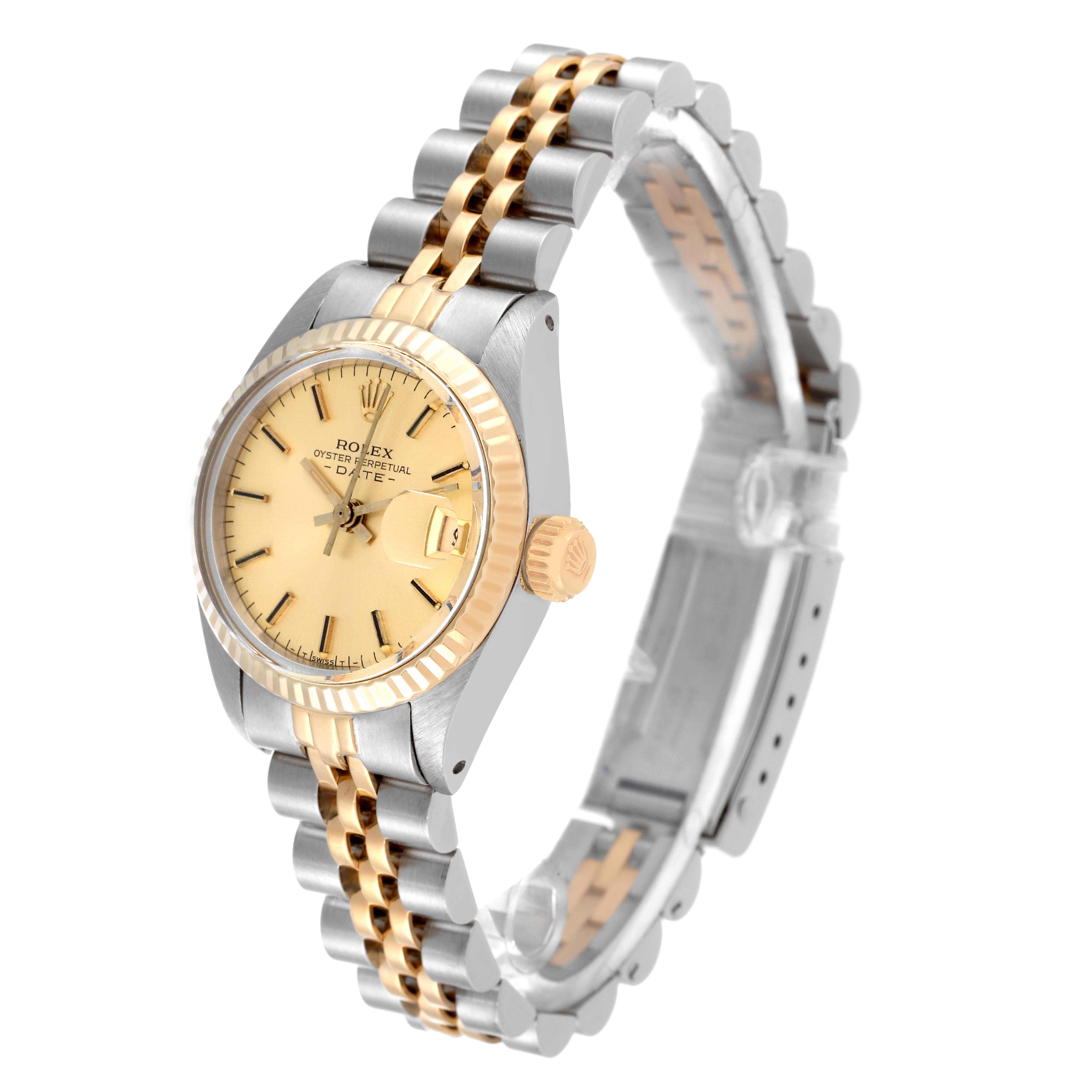 This image shows a side angle of a Rolex Datejust 6917 Women's Steel and Gold (two tone) Champagne Dial 6917 Women's Steel and Gold (two tone) Champagne Dial watch displaying the face, crown, and bracelet.