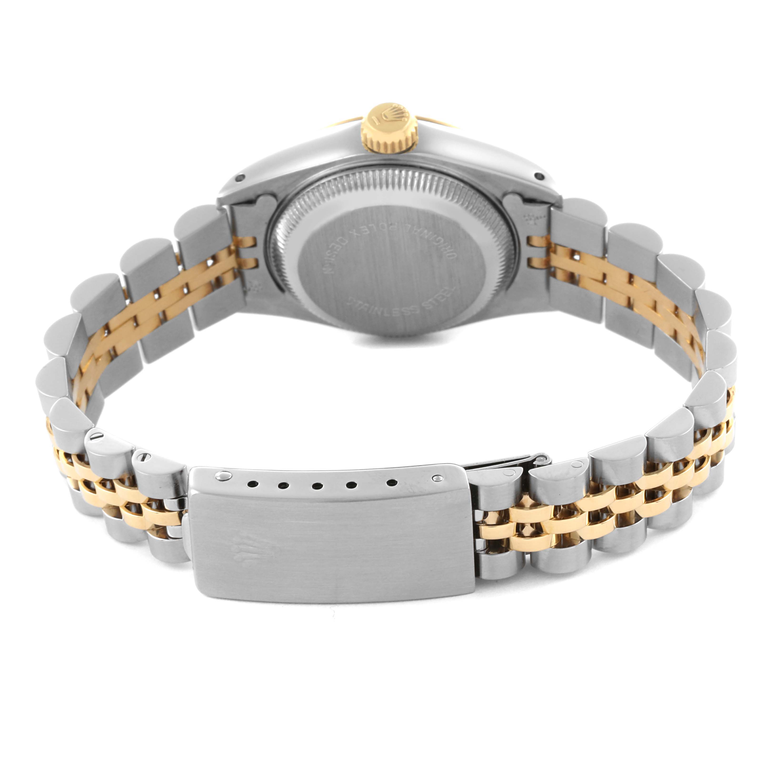 The image shows the back case and bracelet clasp of the Rolex Datejust 69173 Women
s Steel and Gold (two tone) Champagne Dial 69173 Women
s Steel and Gold (two tone) Champagne Dial, highlighting its two-tone design.