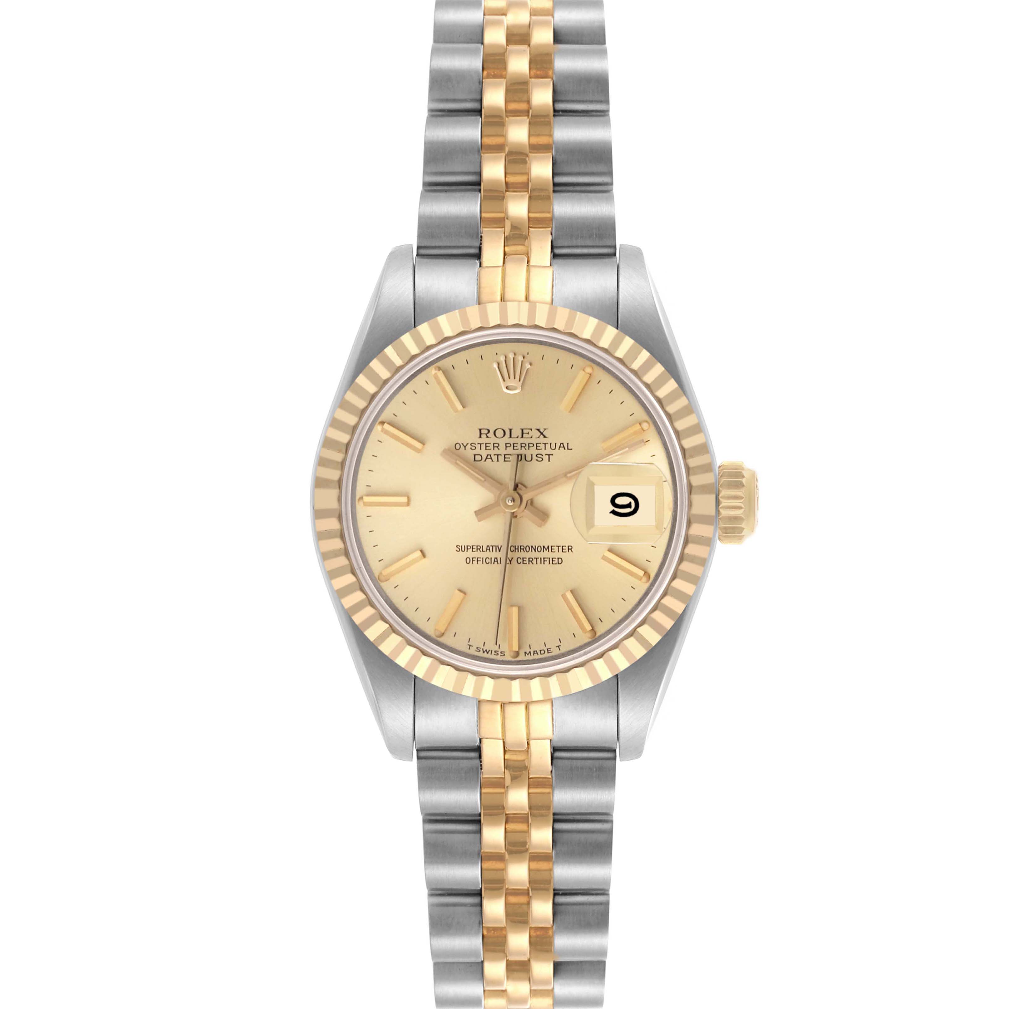 The Rolex Datejust 69173 Women
s Steel and Gold (two tone) Champagne Dial 69173 Women
s Steel and Gold (two tone) Champagne Dial watch is shown from a front angle, displaying the dial, bezel, and two-tone bracelet.