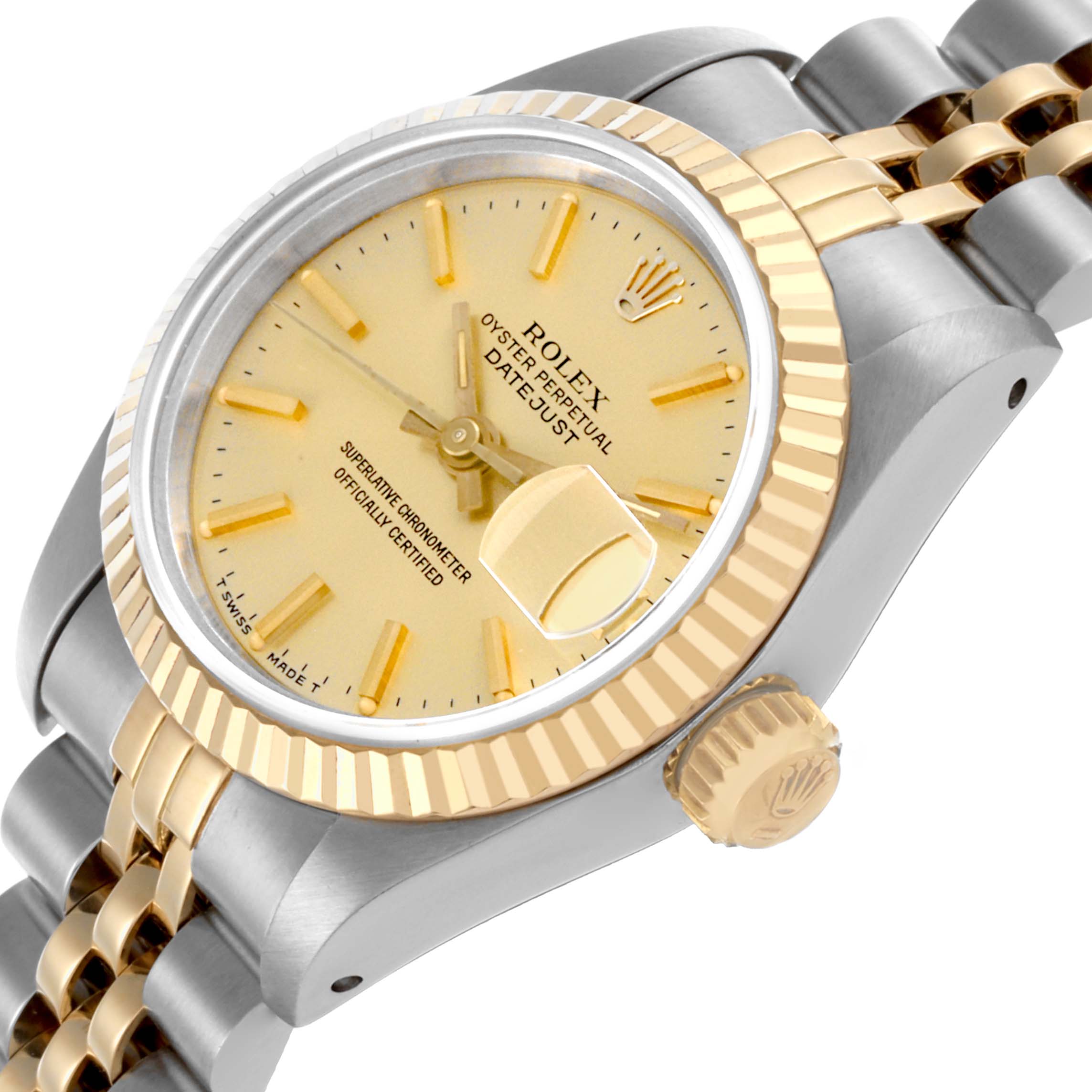 The Rolex Datejust 69173 Women
s Steel and Gold (two tone) Champagne Dial 69173 Women
s Steel and Gold (two tone) Champagne Dial watch is shown at an angle highlighting the dial, fluted bezel, and part of the bracelet.