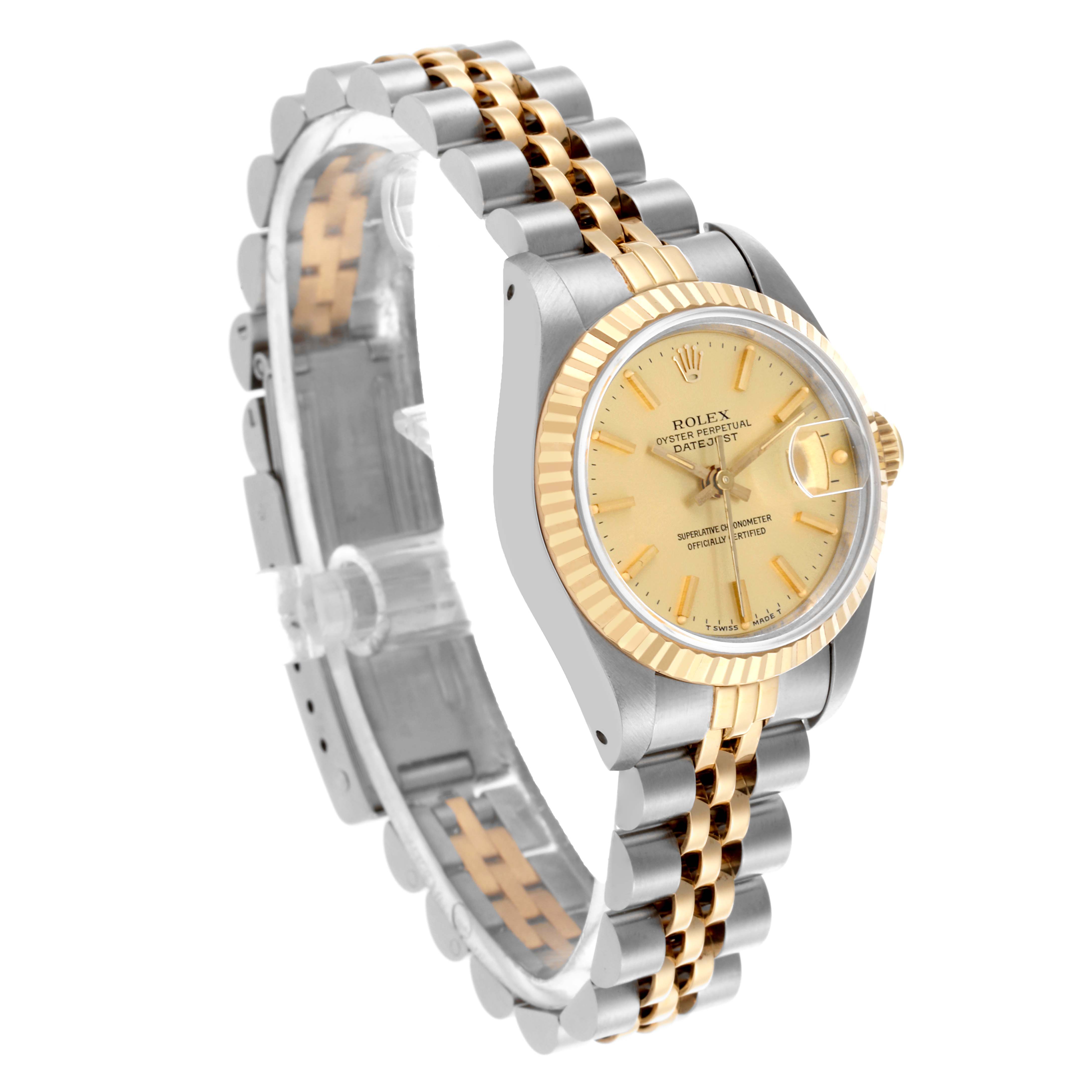 The Rolex Datejust 69173 Women
s Steel and Gold (two tone) Champagne Dial 69173 Women
s Steel and Gold (two tone) Champagne Dial is shown at a three-quarter angle, highlighting the gold bezel, dial, and two-tone Jubilee bracelet.