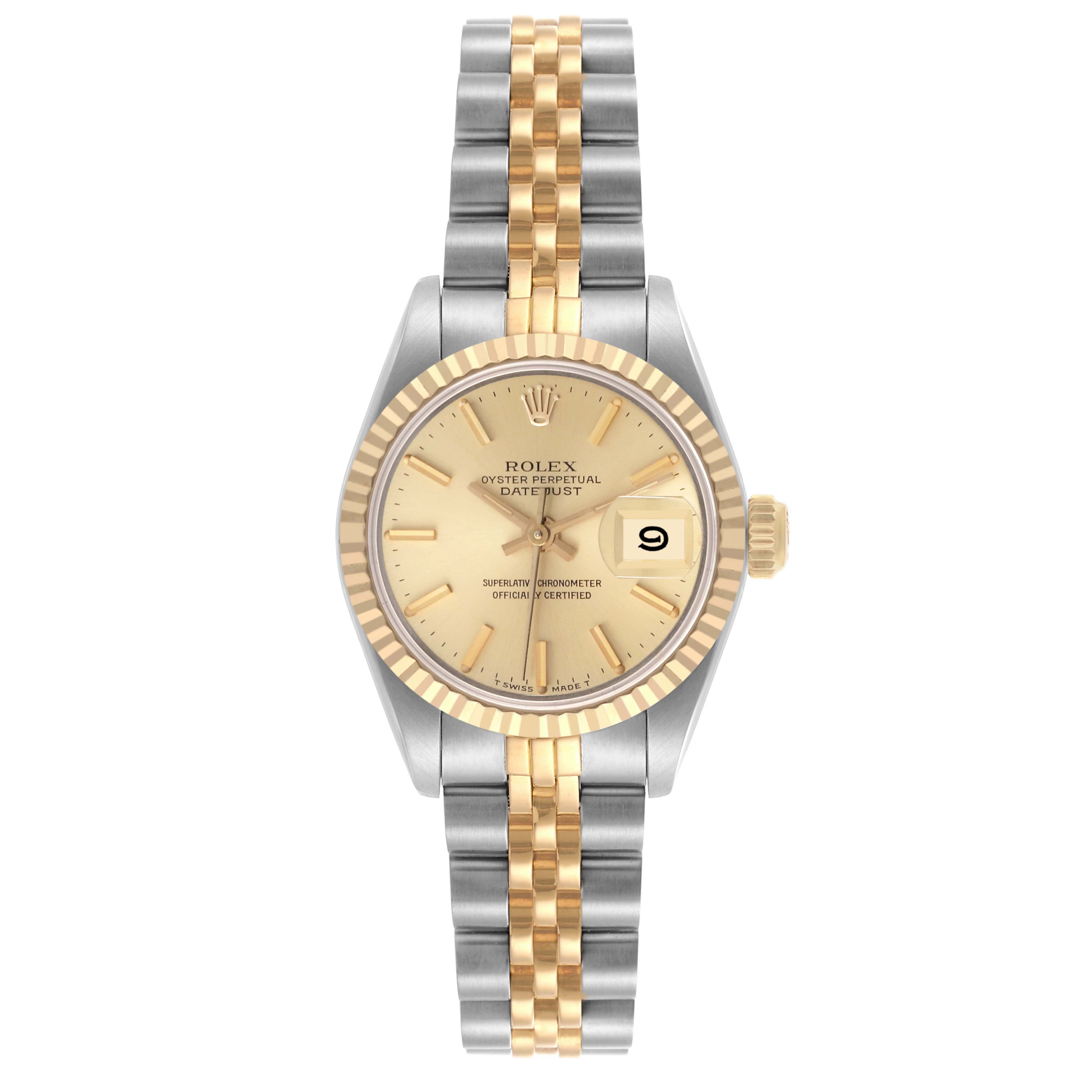 The Rolex Datejust 69173 Women
s Steel and Gold (two tone) Champagne Dial 69173 Women
s Steel and Gold (two tone) Champagne Dial watch is shown from a front angle, displaying its gold fluted bezel, champagne dial, and bicolor bracelet.