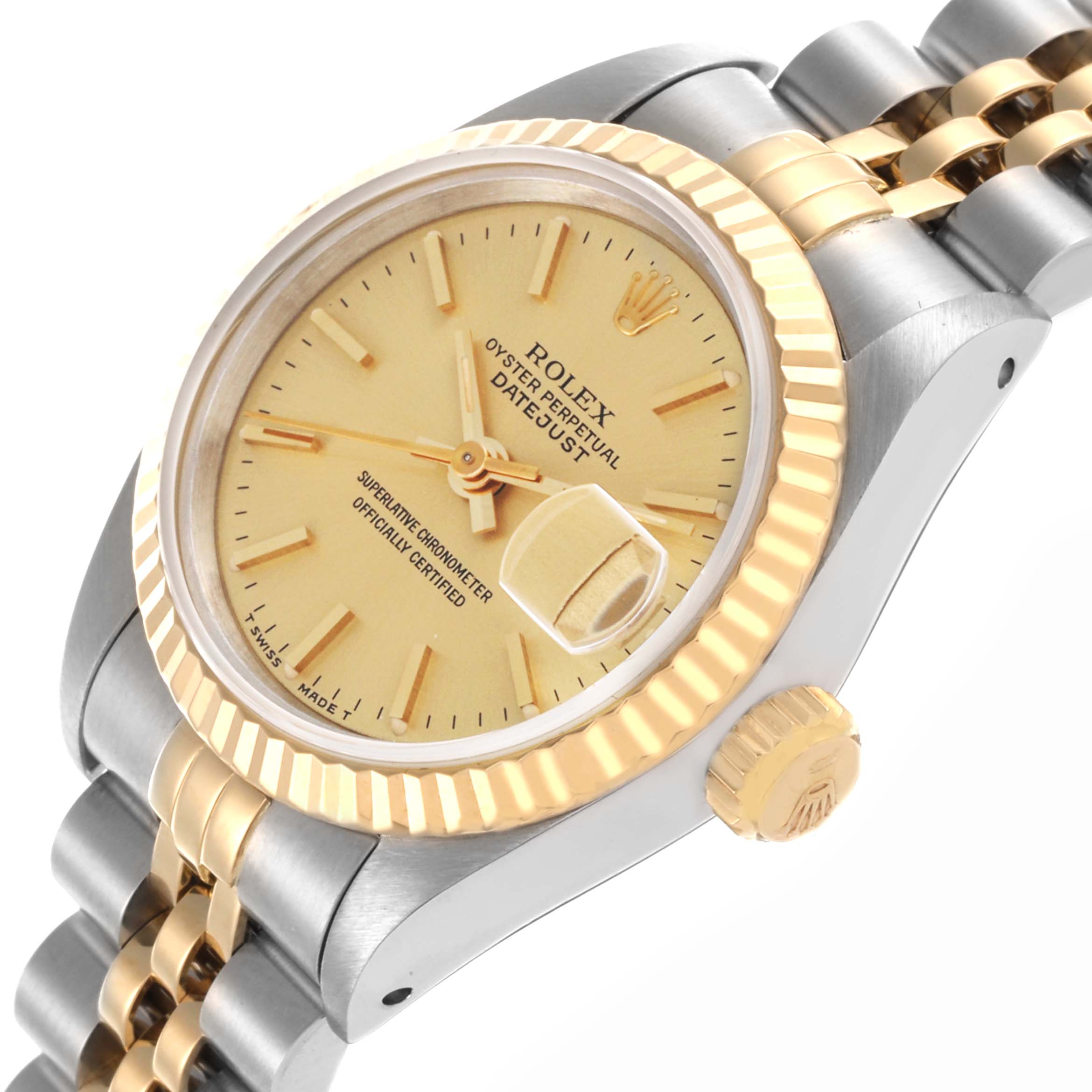 The Rolex Datejust 69173 Women's Steel and Gold (two tone) Champagne Dial 69173 Women's Steel and Gold (two tone) Champagne Dial watch is shown from a three-quarter angle highlighting the dial, bezel, crown, and bracelet.