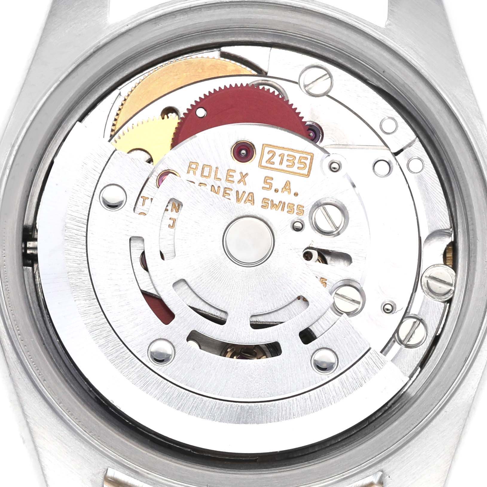 The image shows the movement mechanism of a Rolex Datejust 69173 Women's Steel and Gold (two tone) Champagne Dial 69173 Women's Steel and Gold (two tone) Champagne Dial watch from the back angle.