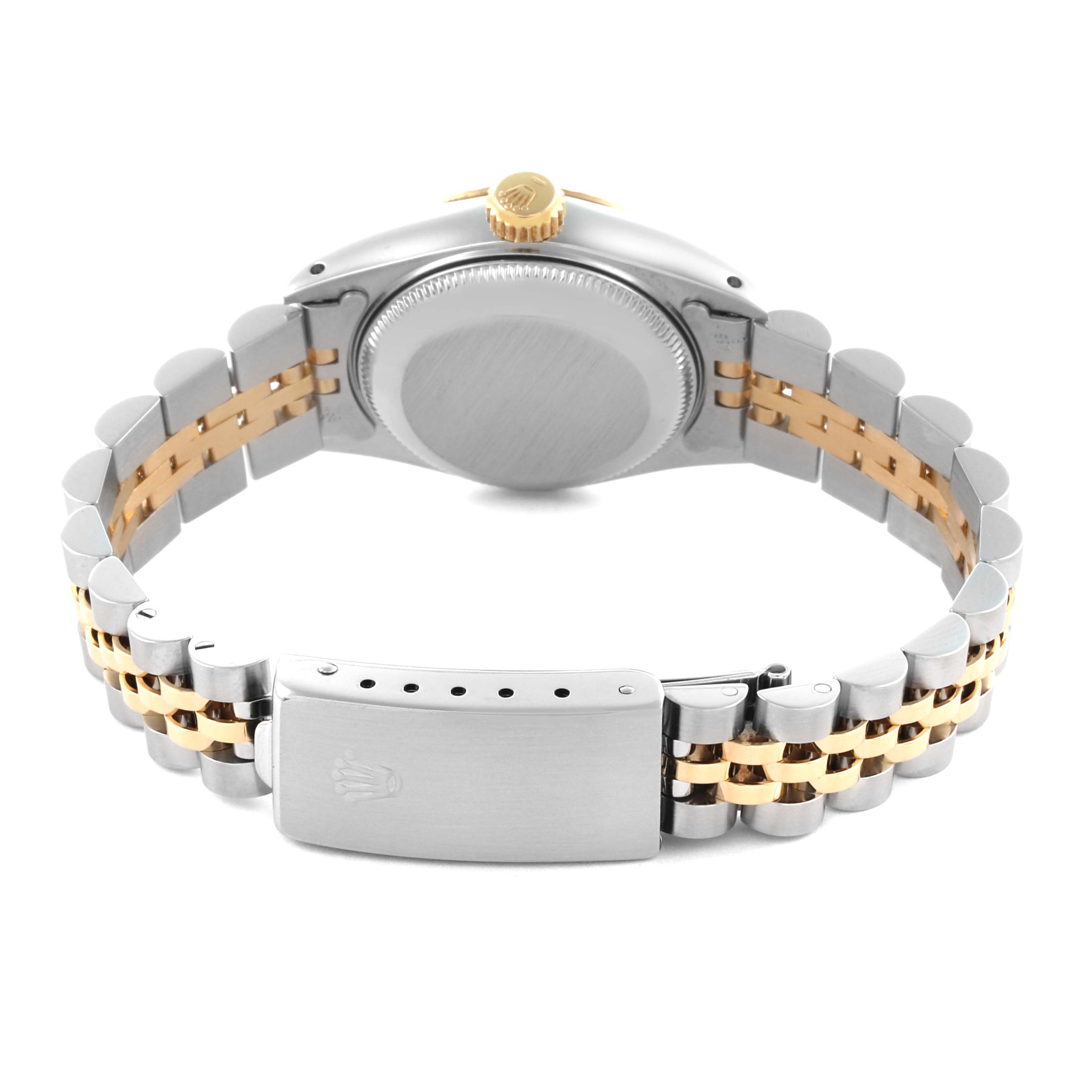 The image shows a Rolex Datejust 69173 Women's Steel and Gold (two tone) Champagne Dial 69173 Women's Steel and Gold (two tone) Champagne Dial watch from the back, displaying the case back and two-tone bracelet with the clasp visible.