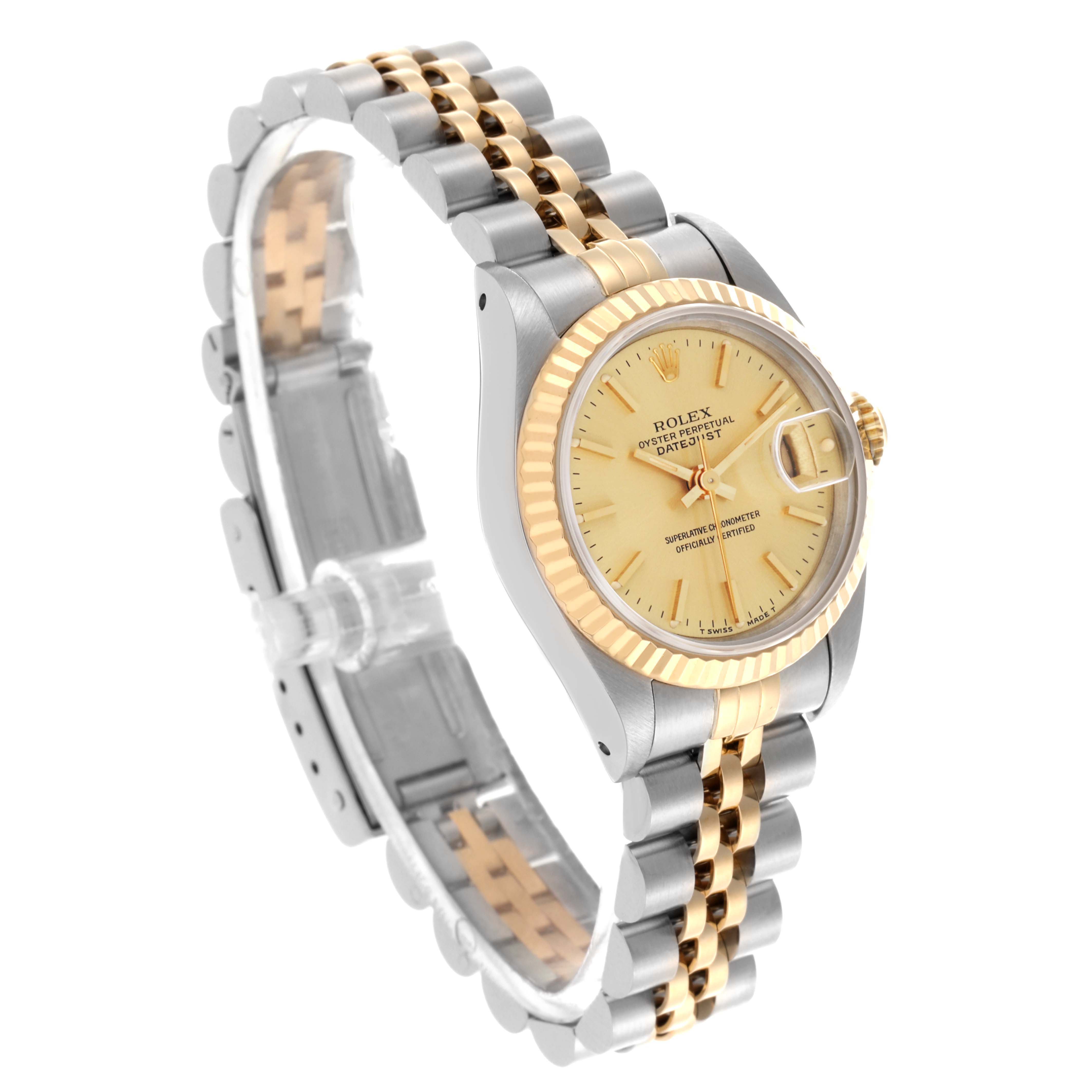 The Rolex Datejust 69173 Women's Steel and Gold (two tone) Champagne Dial 69173 Women's Steel and Gold (two tone) Champagne Dial watch is shown at an angle highlighting the gold and silver jubilee bracelet and fluted bezel, with the face clearly visible.