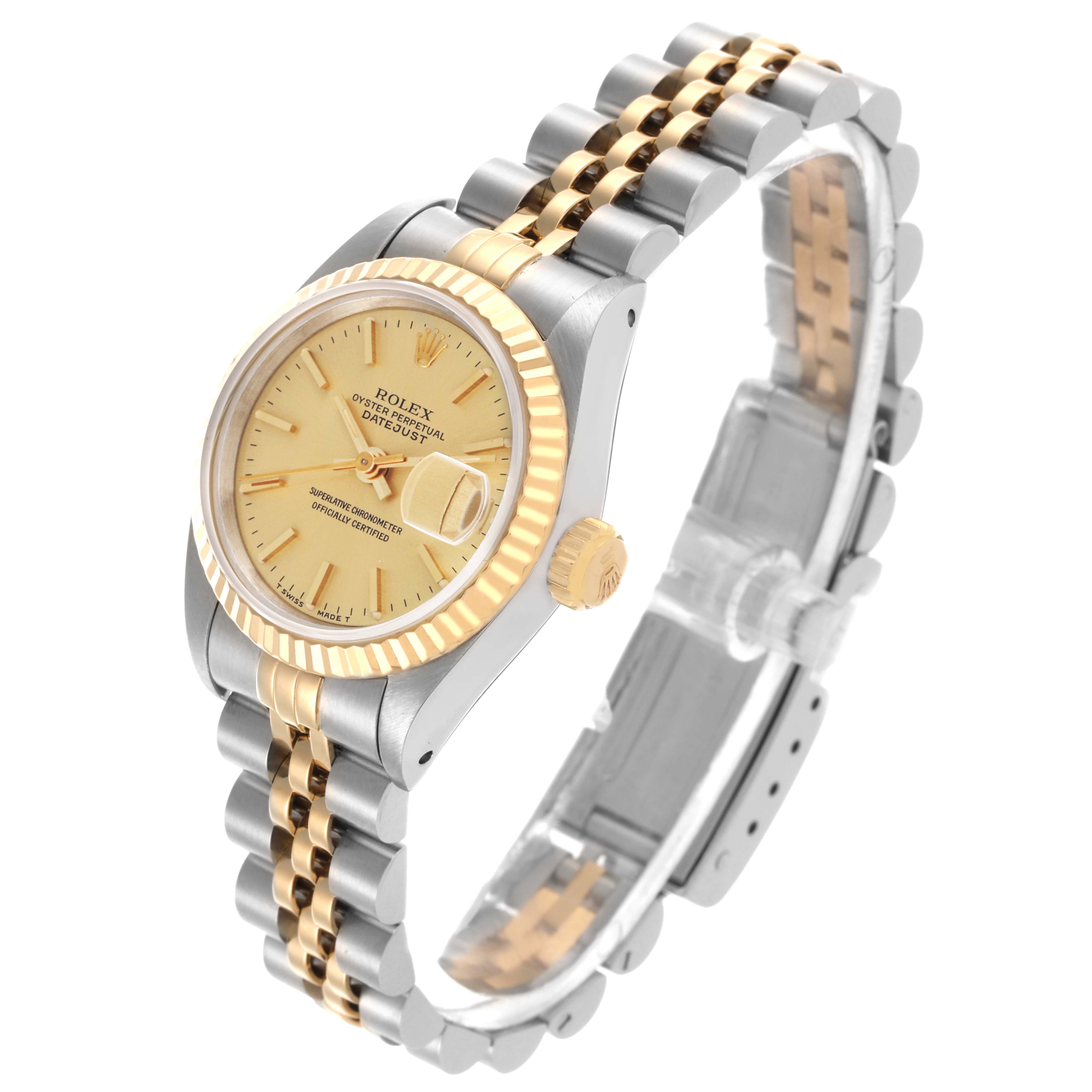 The Rolex Datejust 69173 Women's Steel and Gold (two tone) Champagne Dial 69173 Women's Steel and Gold (two tone) Champagne Dial watch is shown at a three-quarter angle, displaying the face, bezel, crown, and bracelet.