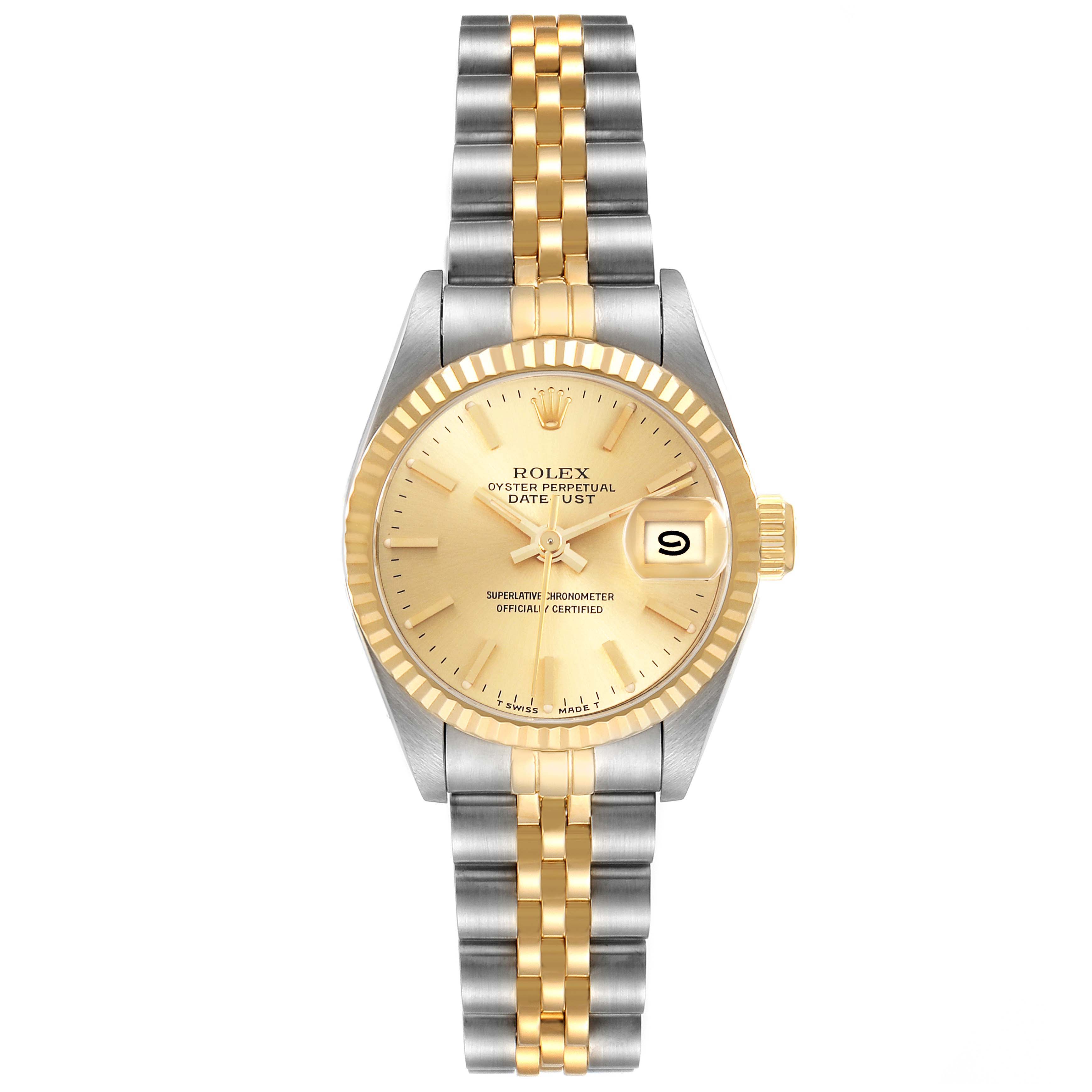 The Rolex Datejust 69173 Women's Steel and Gold (two tone) Champagne Dial 69173 Women's Steel and Gold (two tone) Champagne Dial watch is shown from a top view, highlighting the dial, bezel, and two-tone bracelet.