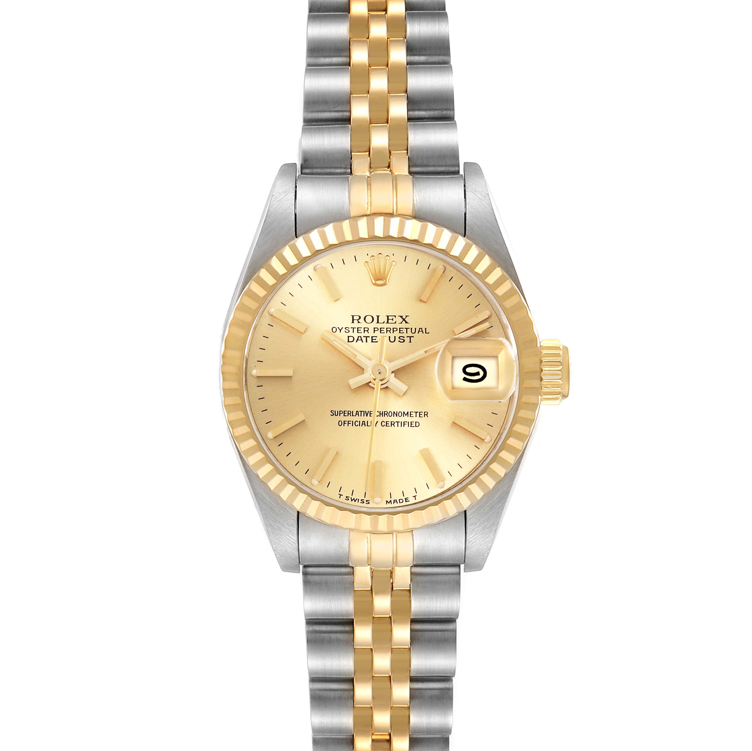 The Rolex Datejust 69173 Women's Steel and Gold (two tone) Champagne Dial 69173 Women's Steel and Gold (two tone) Champagne Dial watch is shown from a front angle, displaying the face, bezel, and two-tone bracelet.