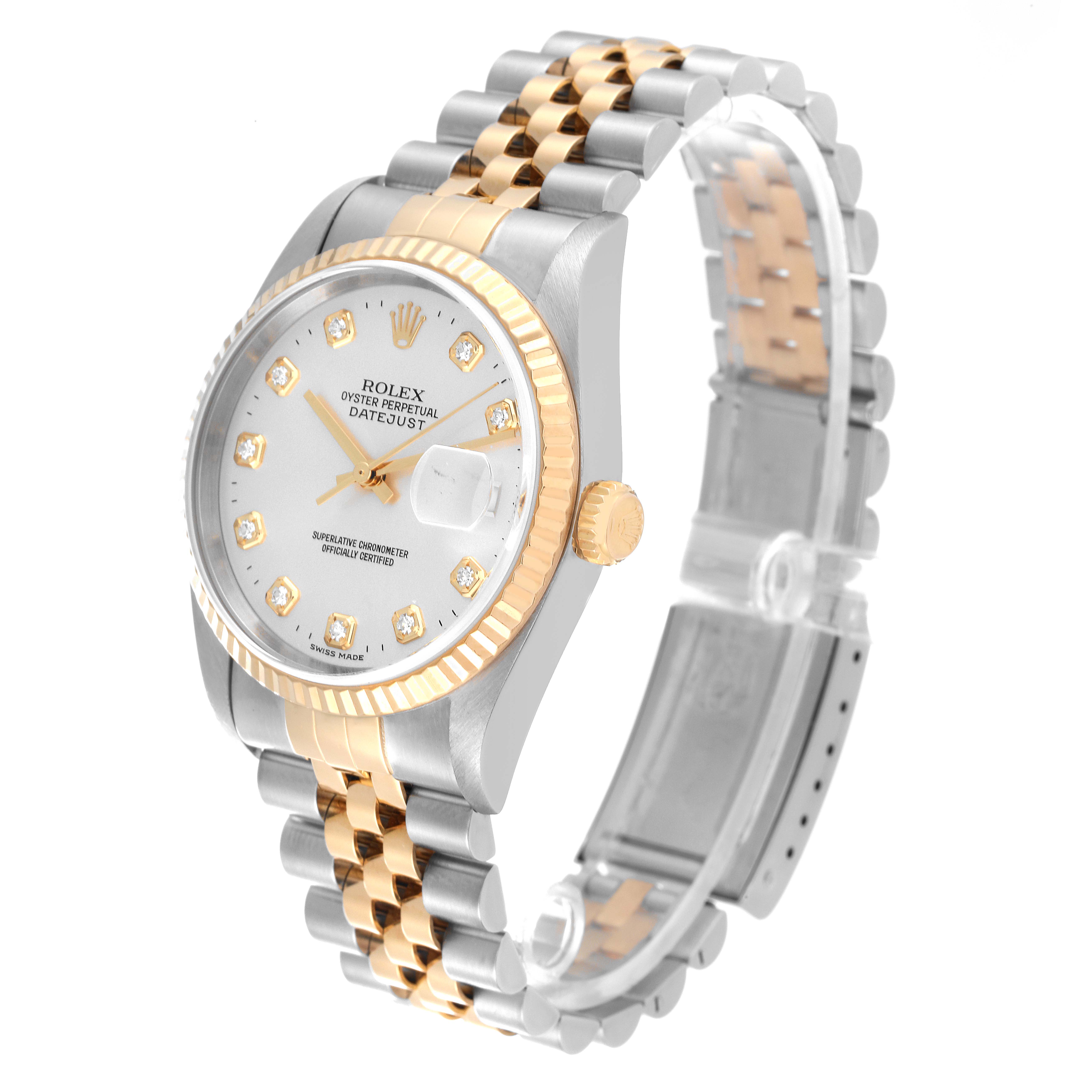 The Rolex Datejust 16233 Men's Steel and Gold (two tone) Silver Dial 16233 Men's Steel and Gold (two tone) Silver Dial watch is shown at a three-quarter angle, showcasing the dial, bezel, crown, and two-tone bracelet.