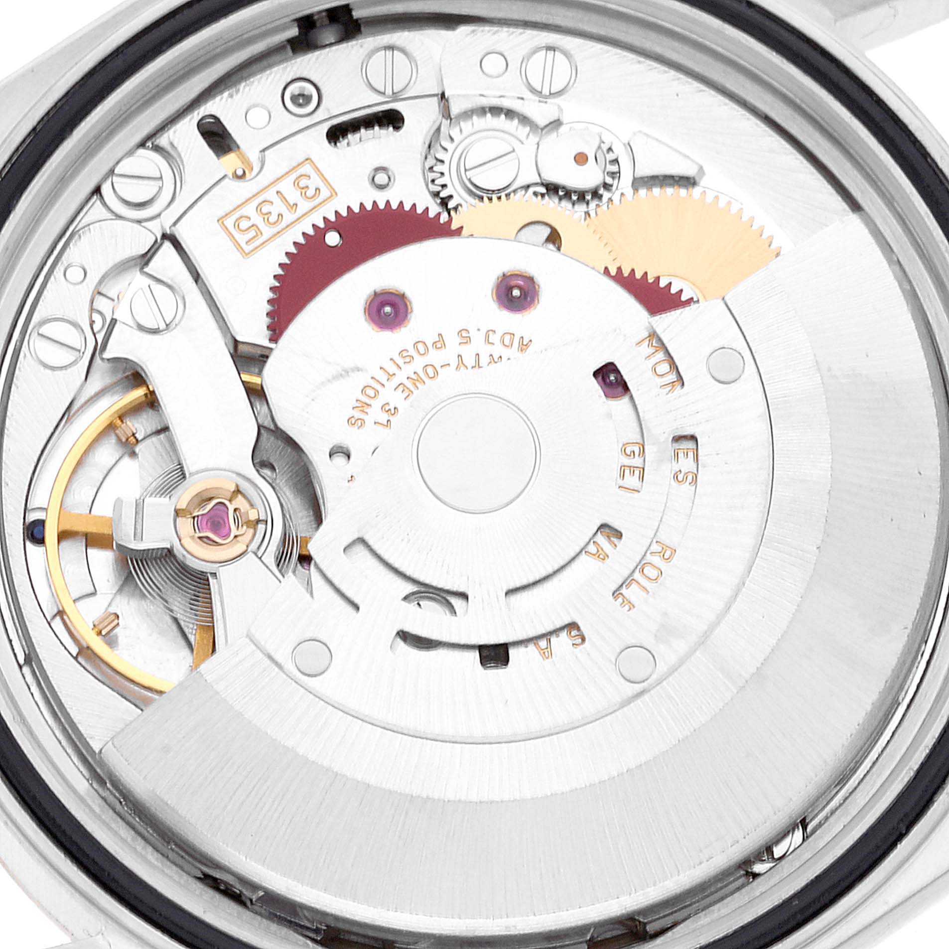 This is a close-up view of the internal mechanical movement of the Rolex Datejust 16233 Men's Steel and Gold (two tone) Silver Dial 16233 Men's Steel and Gold (two tone) Silver Dial watch.