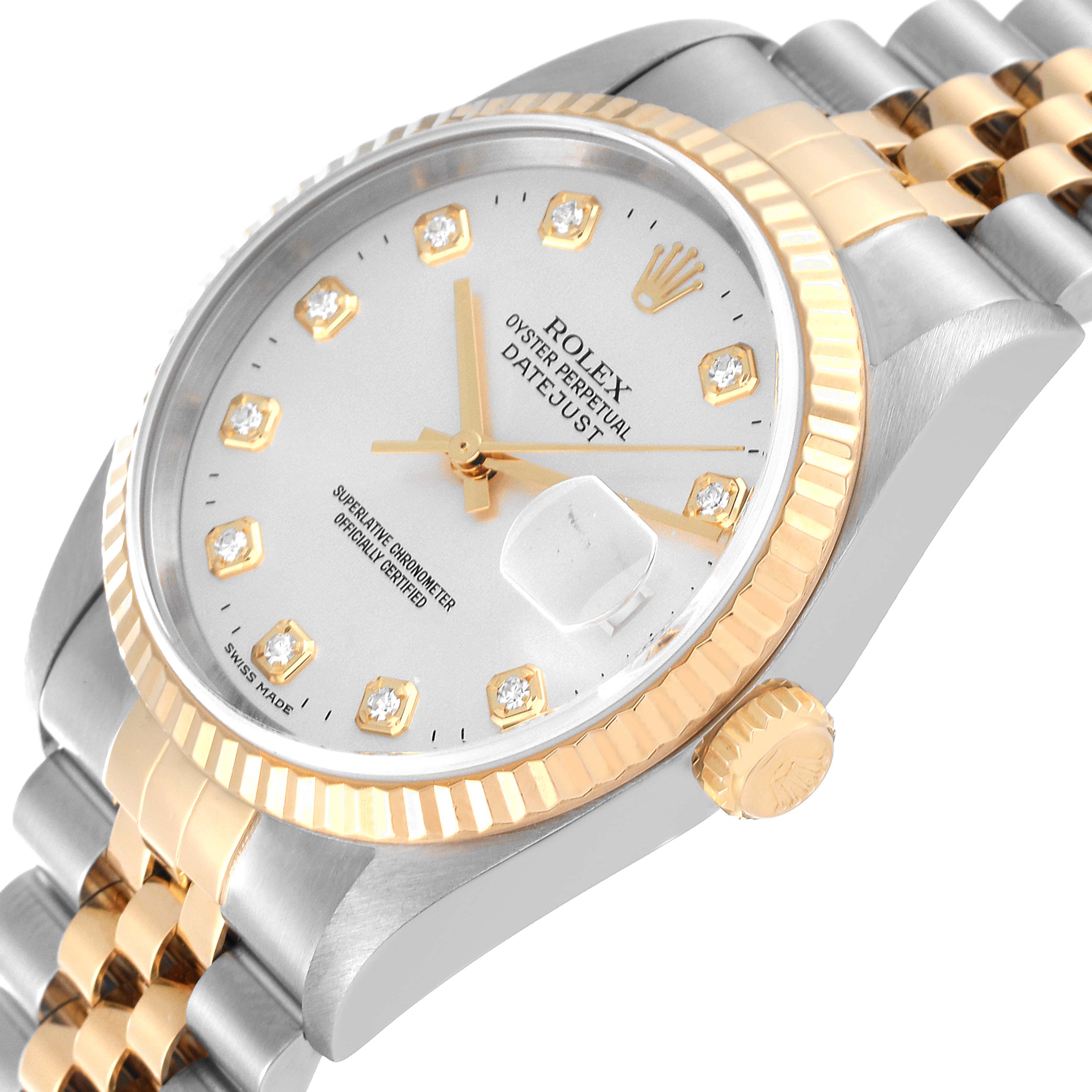 The image shows a close-up, angled view of the Rolex Datejust 16233 Men's Steel and Gold (two tone) Silver Dial 16233 Men's Steel and Gold (two tone) Silver Dial watch, highlighting the face, bezel, and part of the bracelet.