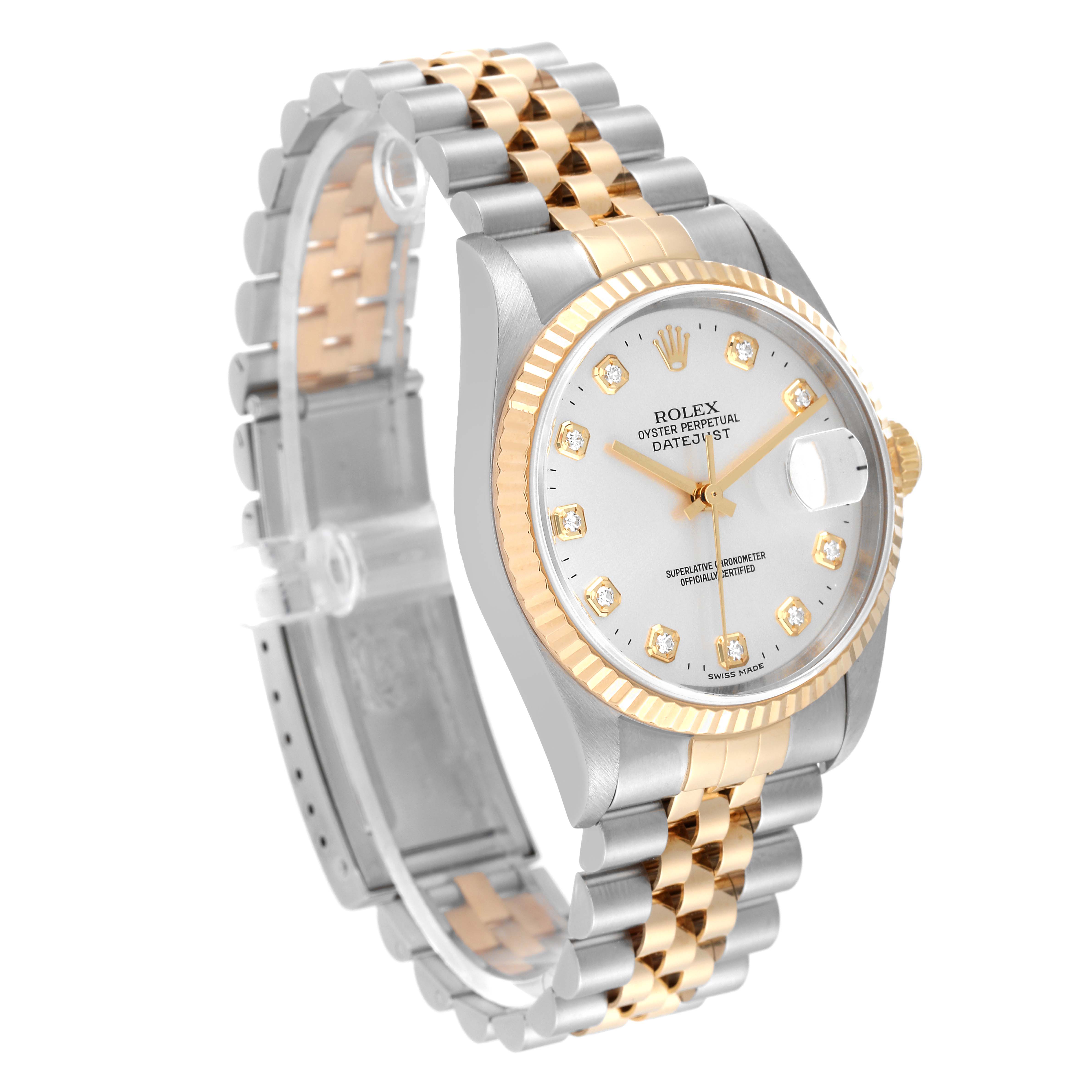The Rolex Datejust 16233 Men's Steel and Gold (two tone) Silver Dial 16233 Men's Steel and Gold (two tone) Silver Dial watch is shown at a three-quarter angle, highlighting its face and partially opened two-tone bracelet.
