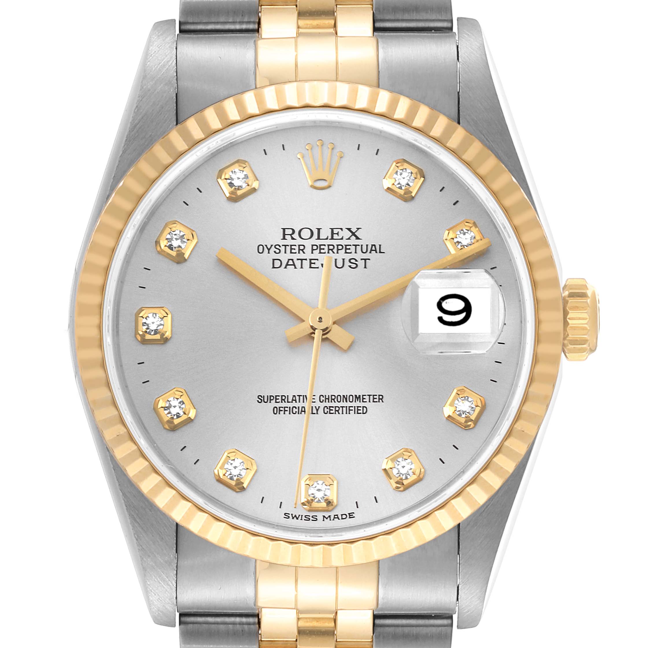 This image shows a front view of the Rolex Datejust 16233 Men's Steel and Gold (two tone) Silver Dial 16233 Men's Steel and Gold (two tone) Silver Dial watch, displaying the dial, hands, bezel, and part of the bracelet.