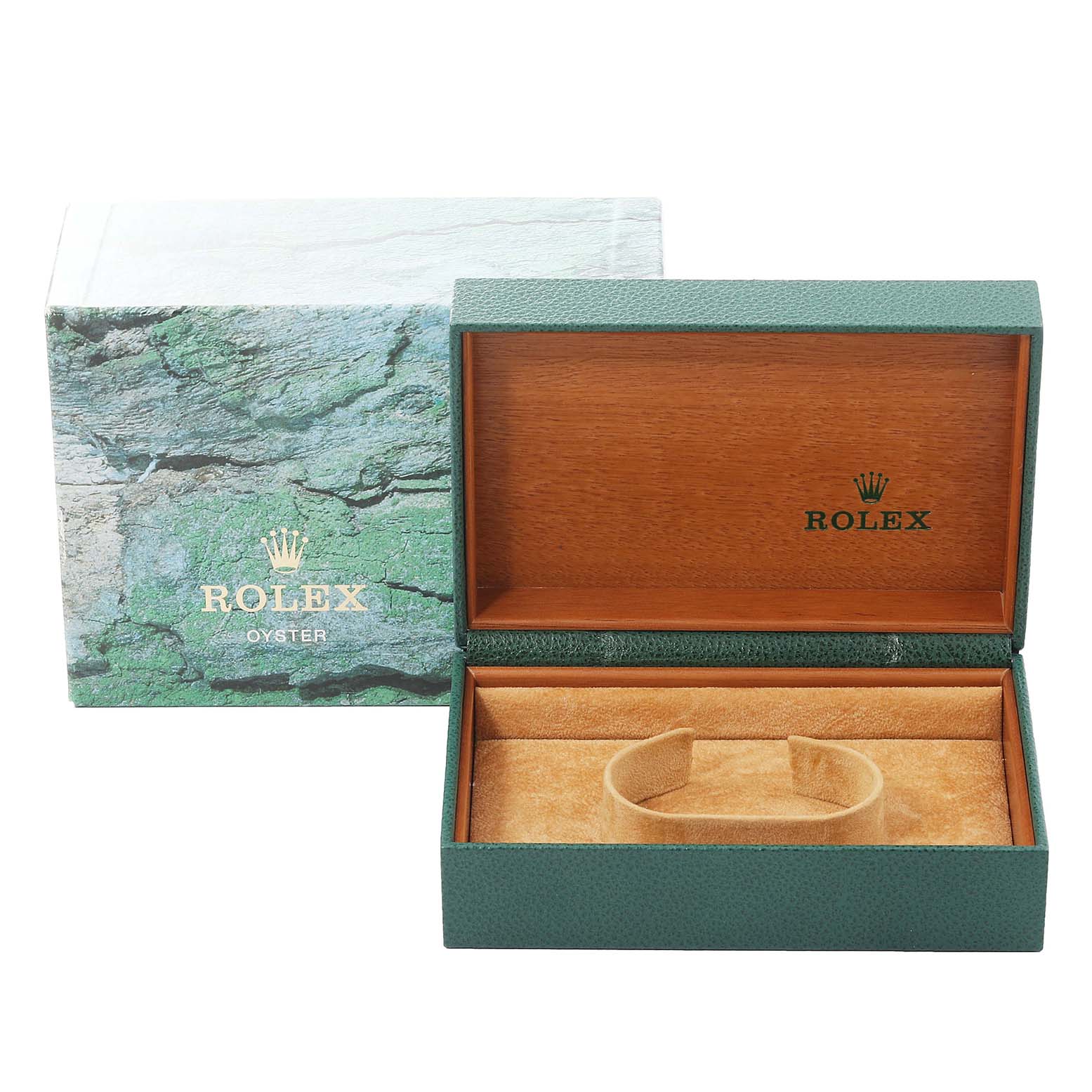 This image shows the open green and tan box for a Rolex Datejust 16233 Men's Steel and Gold (two tone) Silver Dial 16233 Men's Steel and Gold (two tone) Silver Dial model watch.