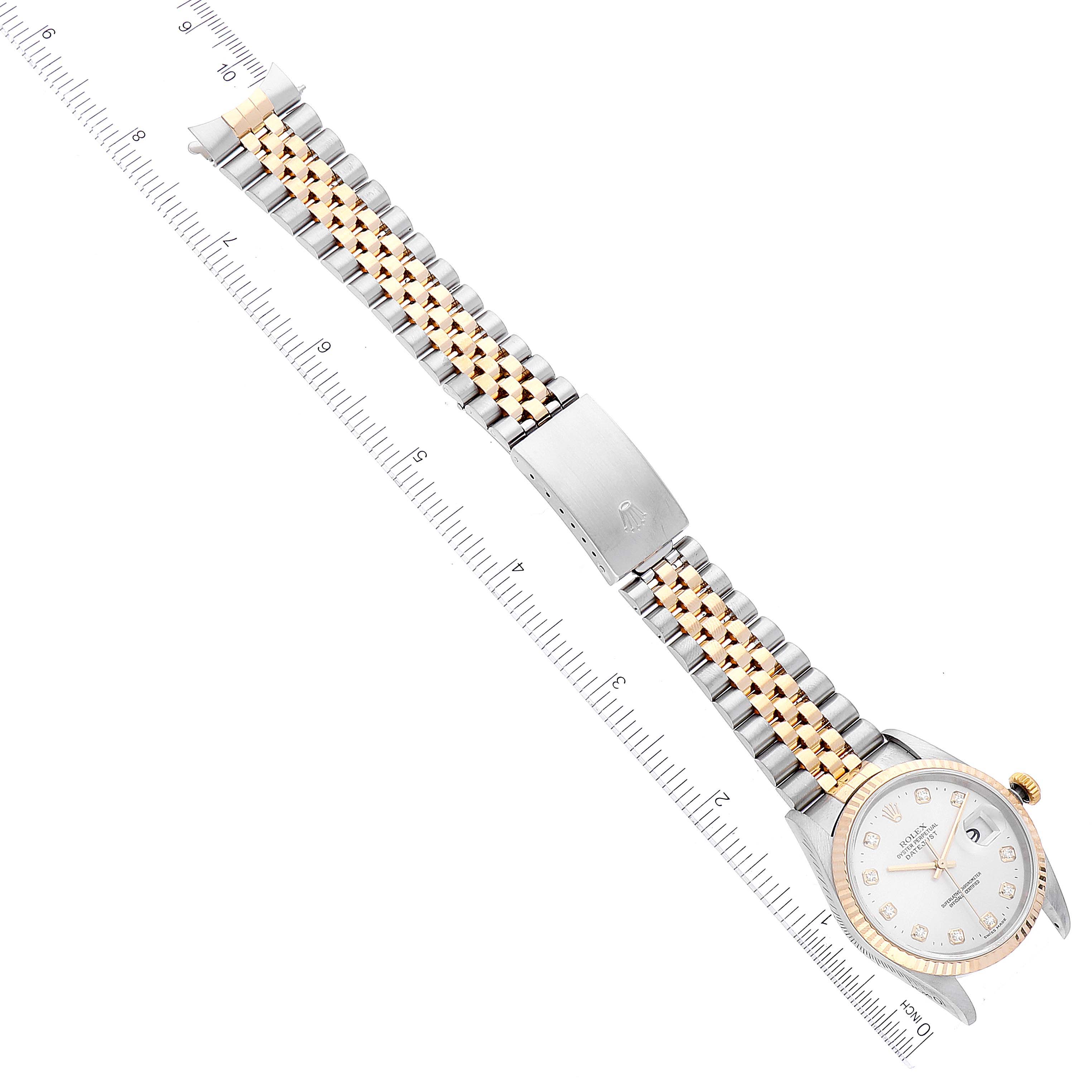 The image shows a Rolex Datejust 16233 Men's Steel and Gold (two tone) Silver Dial 16233 Men's Steel and Gold (two tone) Silver Dial watch, flat from the top, with its dial, case, and two-tone bracelet visible.