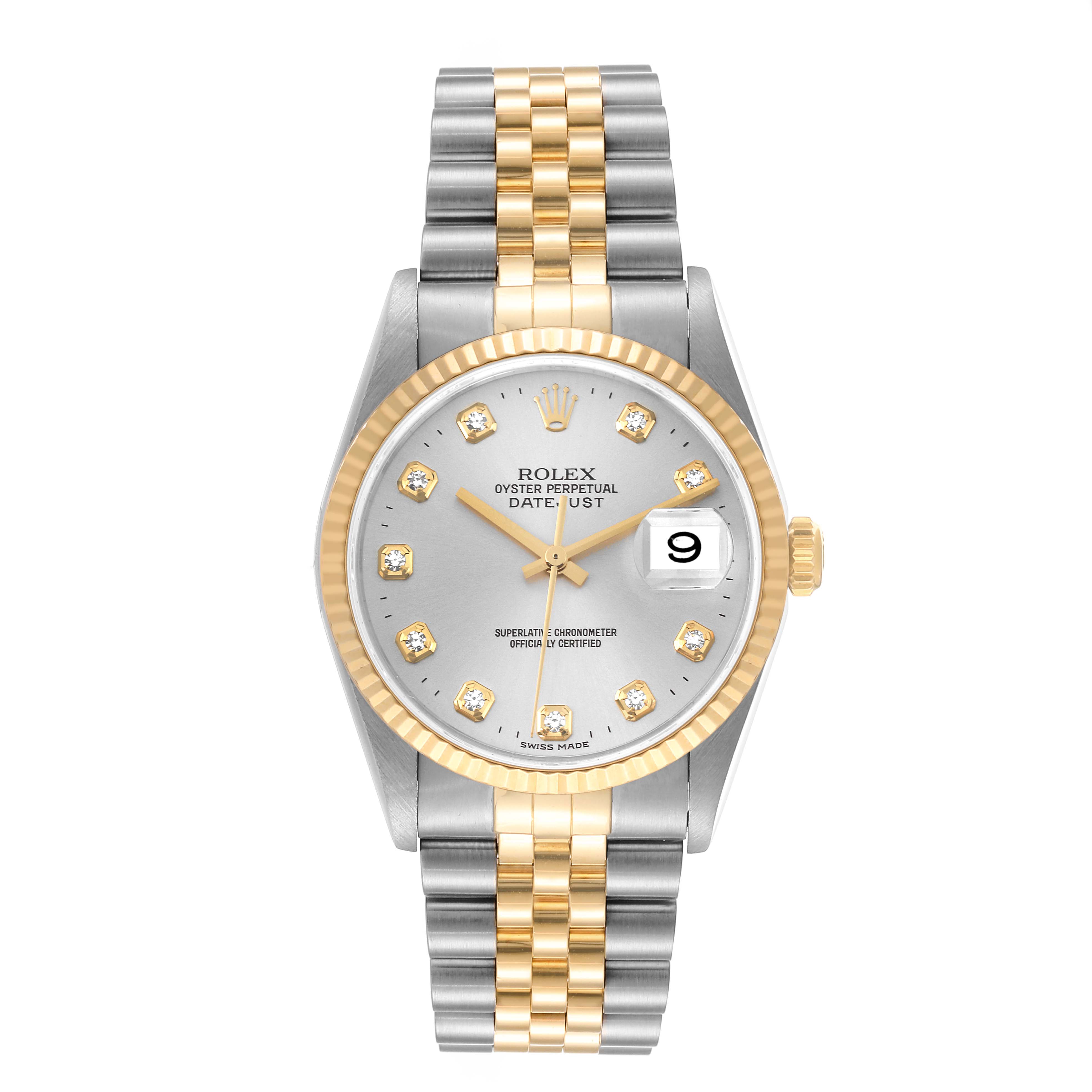 The image shows a frontal view of a Rolex Datejust 16233 Men's Steel and Gold (two tone) Silver Dial 16233 Men's Steel and Gold (two tone) Silver Dial watch featuring a two-tone bracelet, diamond hour markers, and a date display.