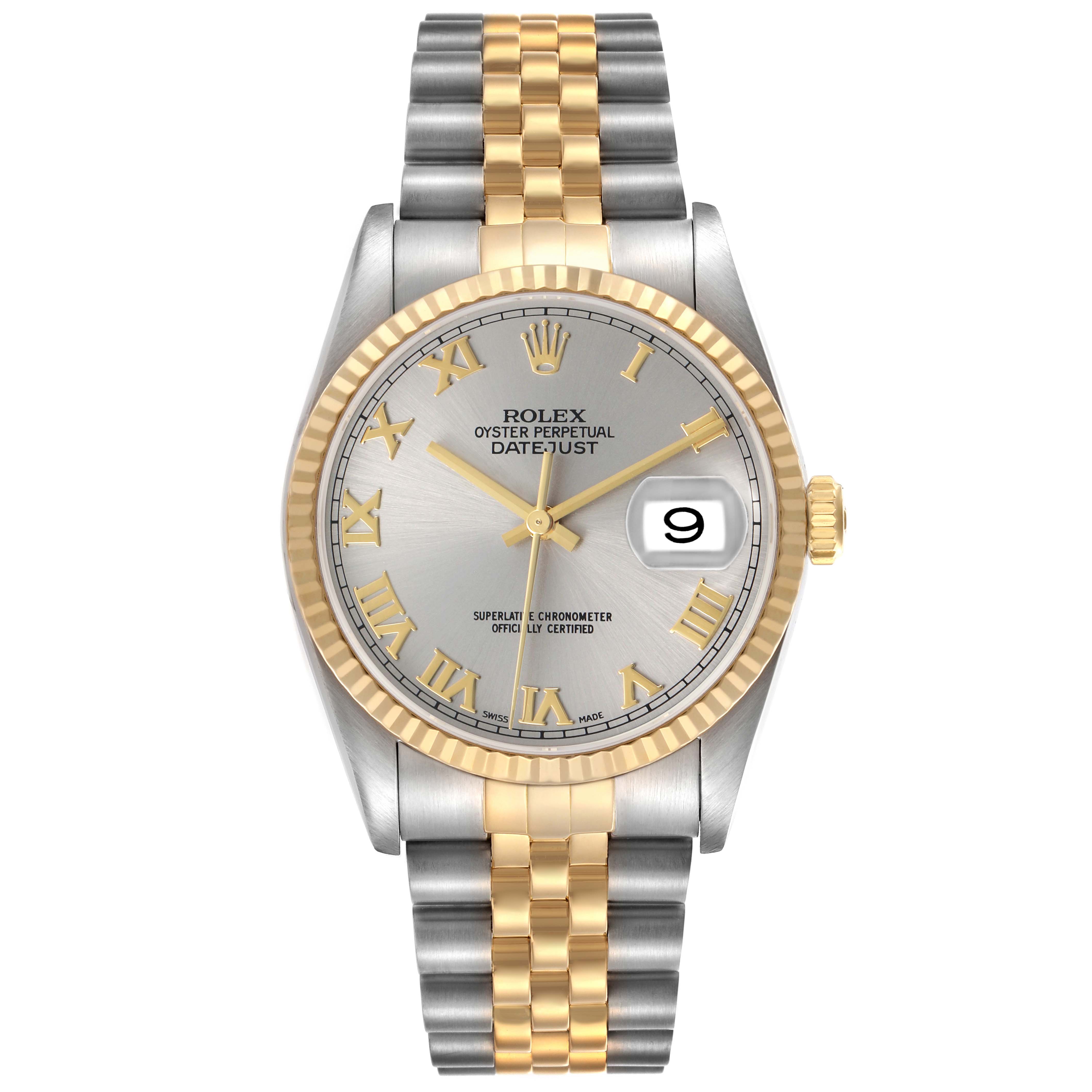 The Rolex Datejust 16233 Men's Steel and Gold (two tone) Grey Dial watch is shown from the front, displaying the dial, bezel, and part of the bracelet.