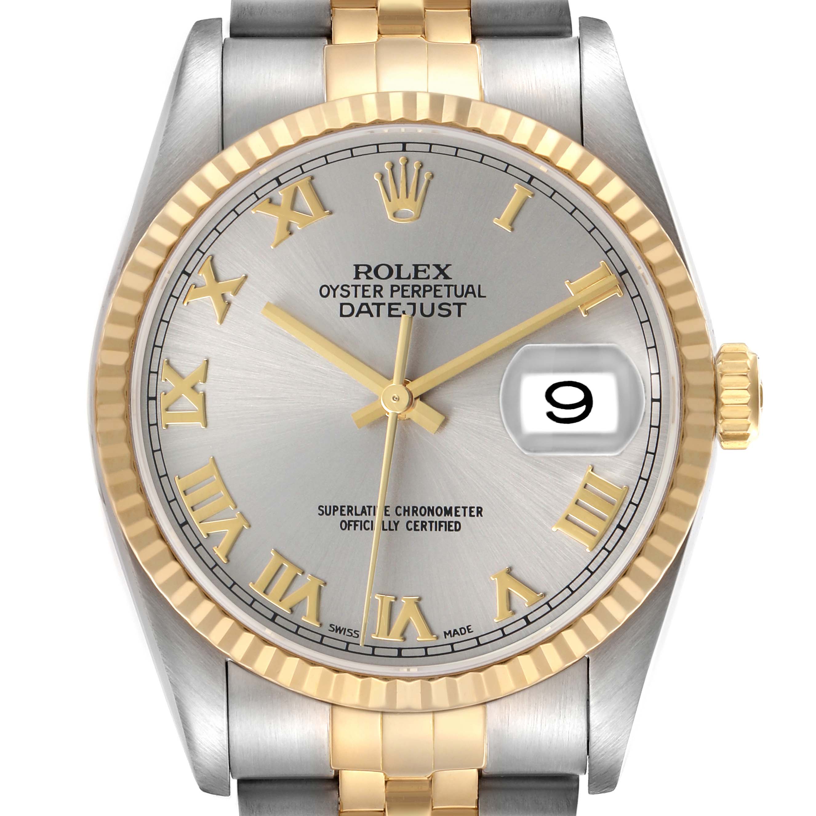 The Rolex Datejust 16233 Men's Steel and Gold (two tone) Grey Dial watch is shown from a front angle, highlighting its dial, bezel, and part of the bracelet.