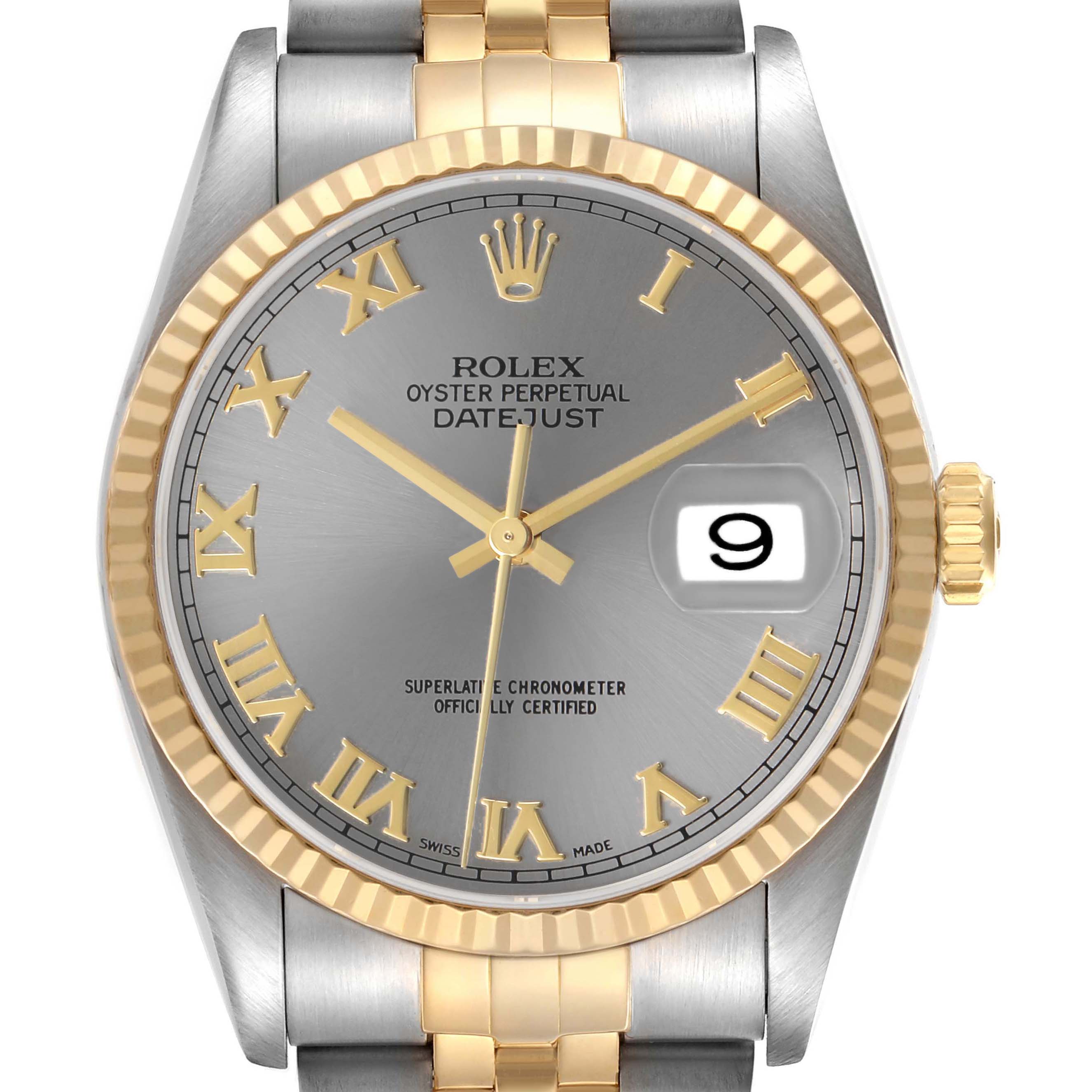 The Rolex Datejust 16233 Men's Steel and Gold (two tone) Grey Dial watch is shown from a front angle, highlighting the dial, bezel, and part of the bracelet.