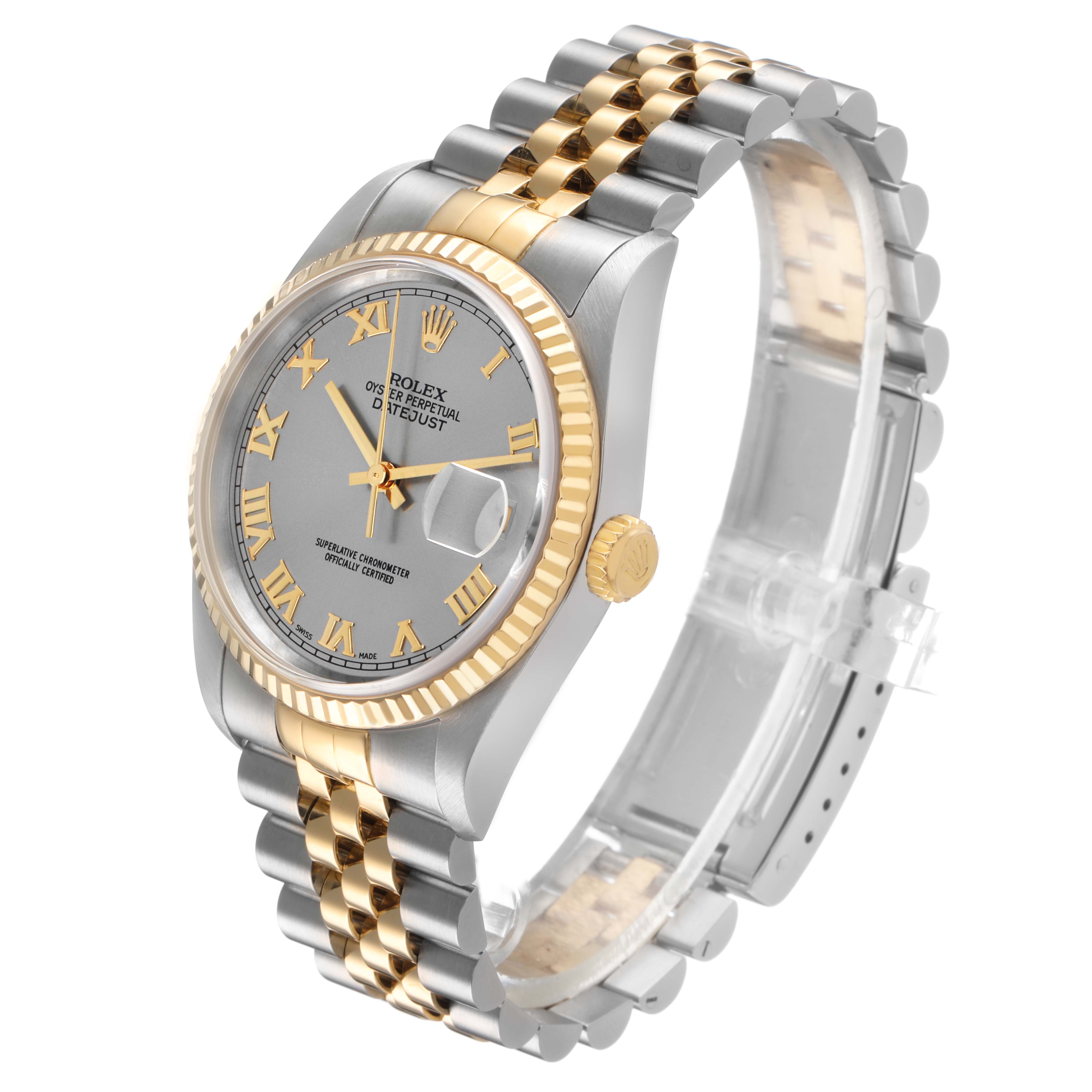 The Rolex Datejust 16233 Men's Steel and Gold (two tone) Grey Dial watch is shown from a 3/4 high angle, displaying the watch face, bracelet, bezel, and crown.