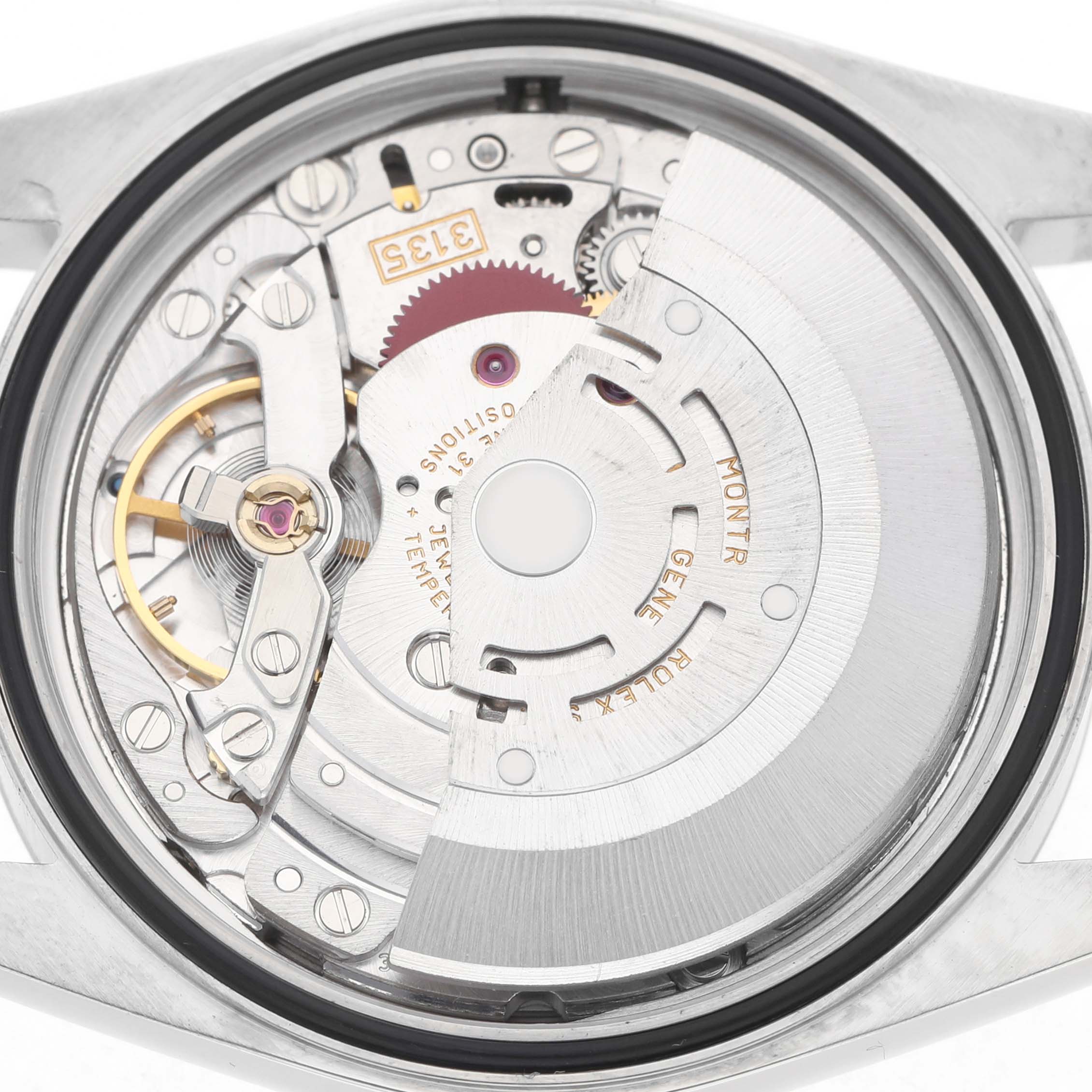 This image shows the movement and internal mechanism of a Rolex Datejust 16233 Men's Steel and Gold (two tone) Grey Dial watch from a top-down angle.