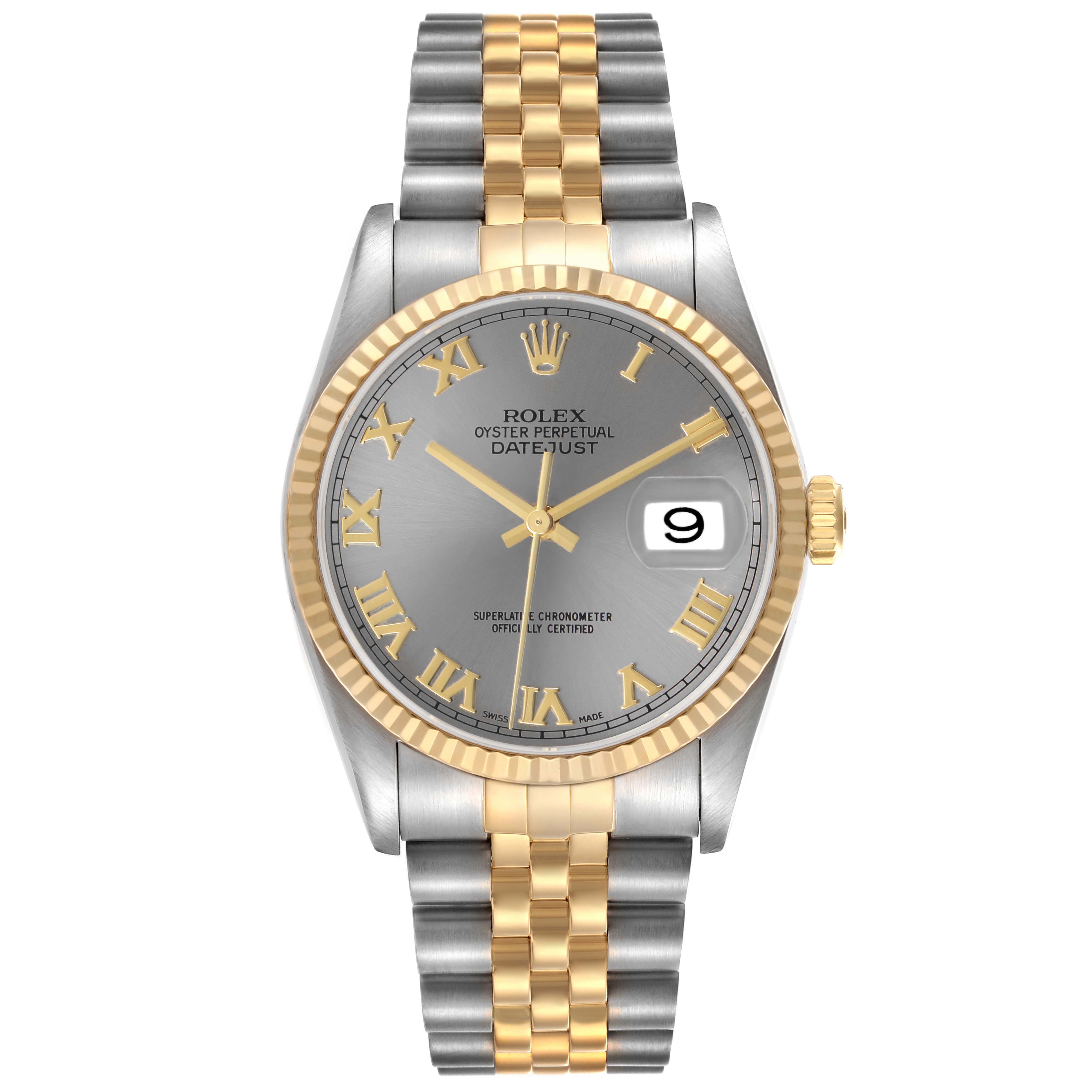 The Rolex Datejust 16233 Men's Steel and Gold (two tone) Grey Dial watch is shown from a frontal angle, displaying the face, bezel, crown, and bracelet.