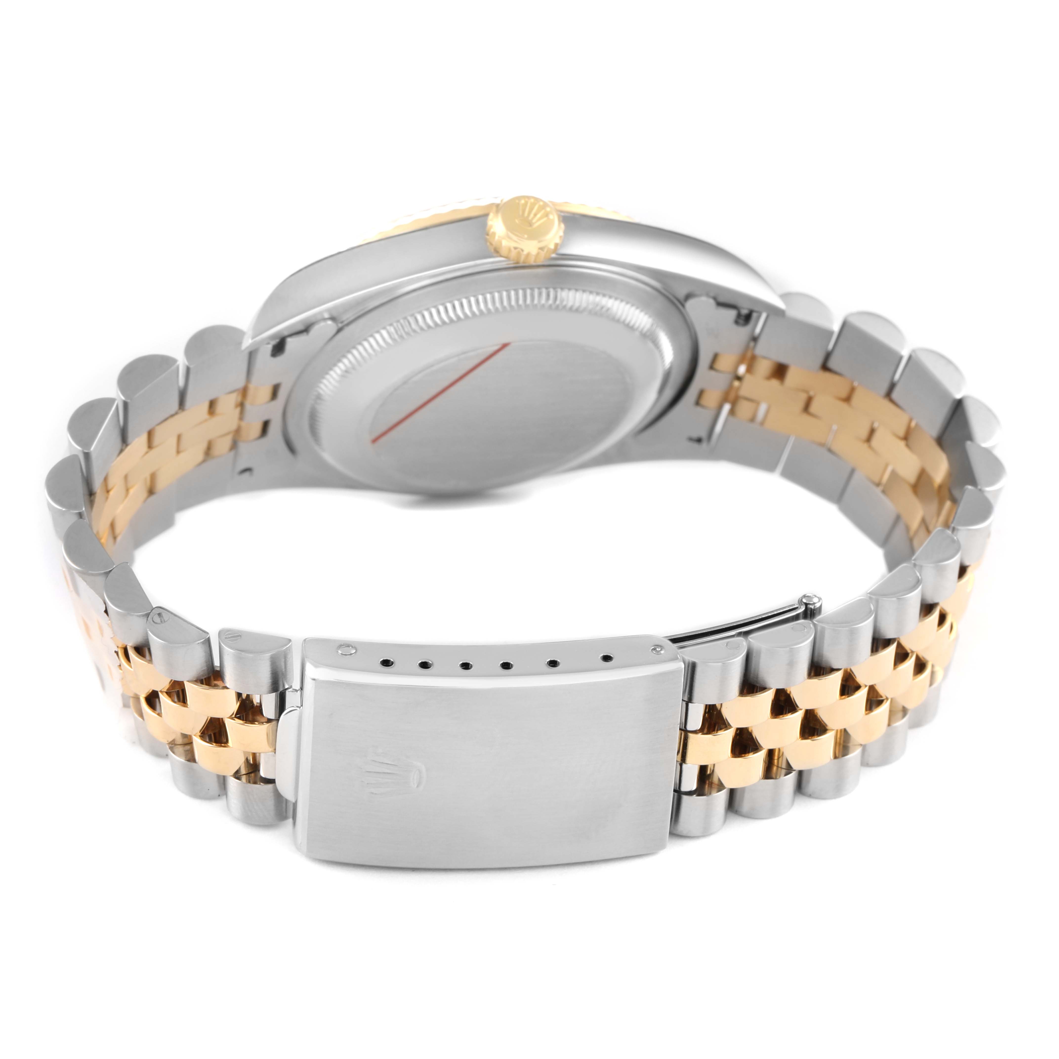 The image shows the back of a Rolex Datejust 16233 Men's Steel and Gold (two tone) Grey Dial watch, highlighting the case, crown, and Jubilee bracelet in two-tone metal.