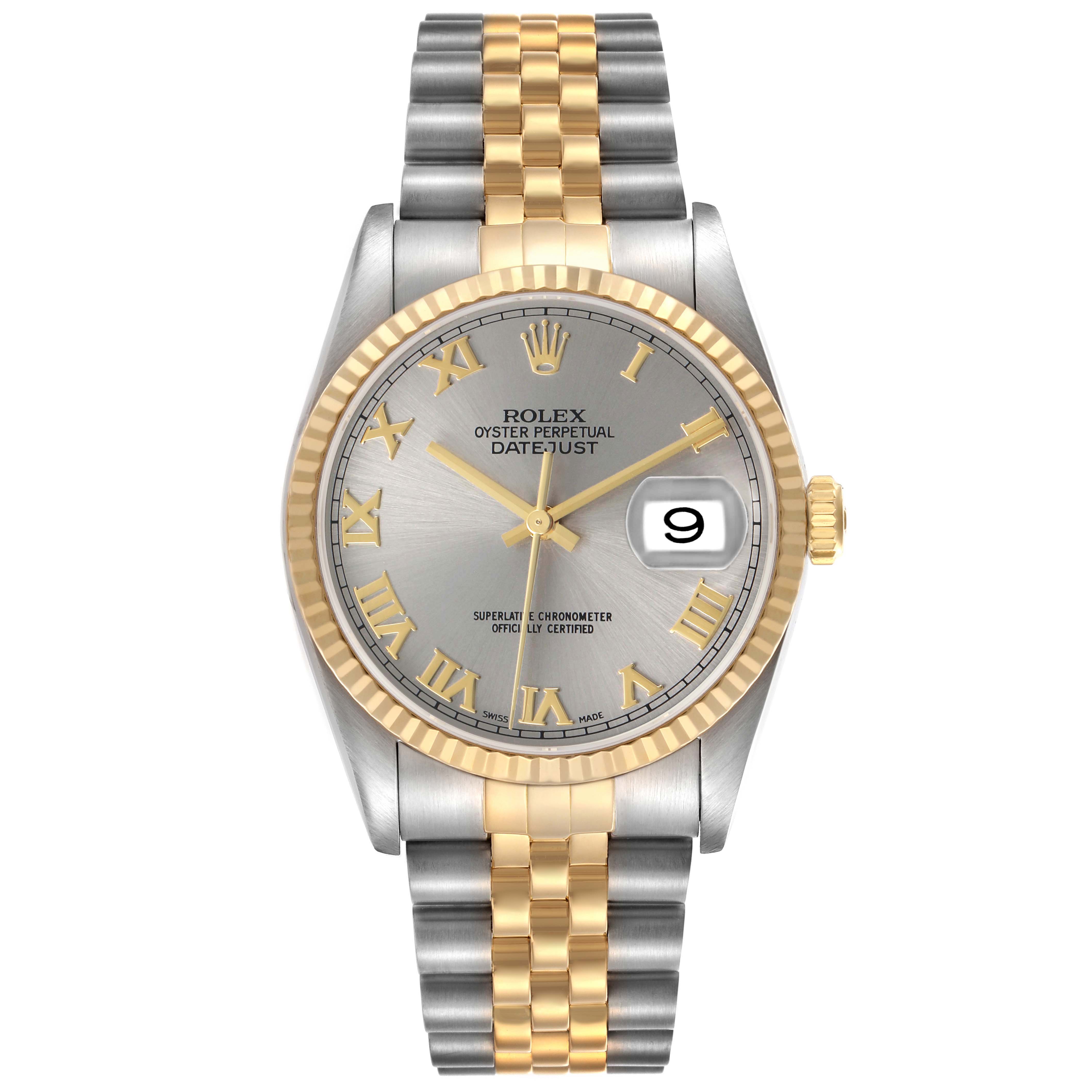 The Rolex Datejust 16233 Men's Steel and Gold (two tone) Grey Dial is shown from a front angle, highlighting the dial, bezel, and two-tone bracelet.