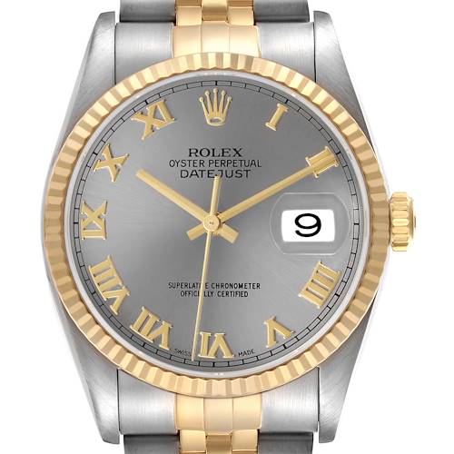 Photo of Rolex Datejust Steel Yellow Gold Slate Roman Dial Mens Watch 16233