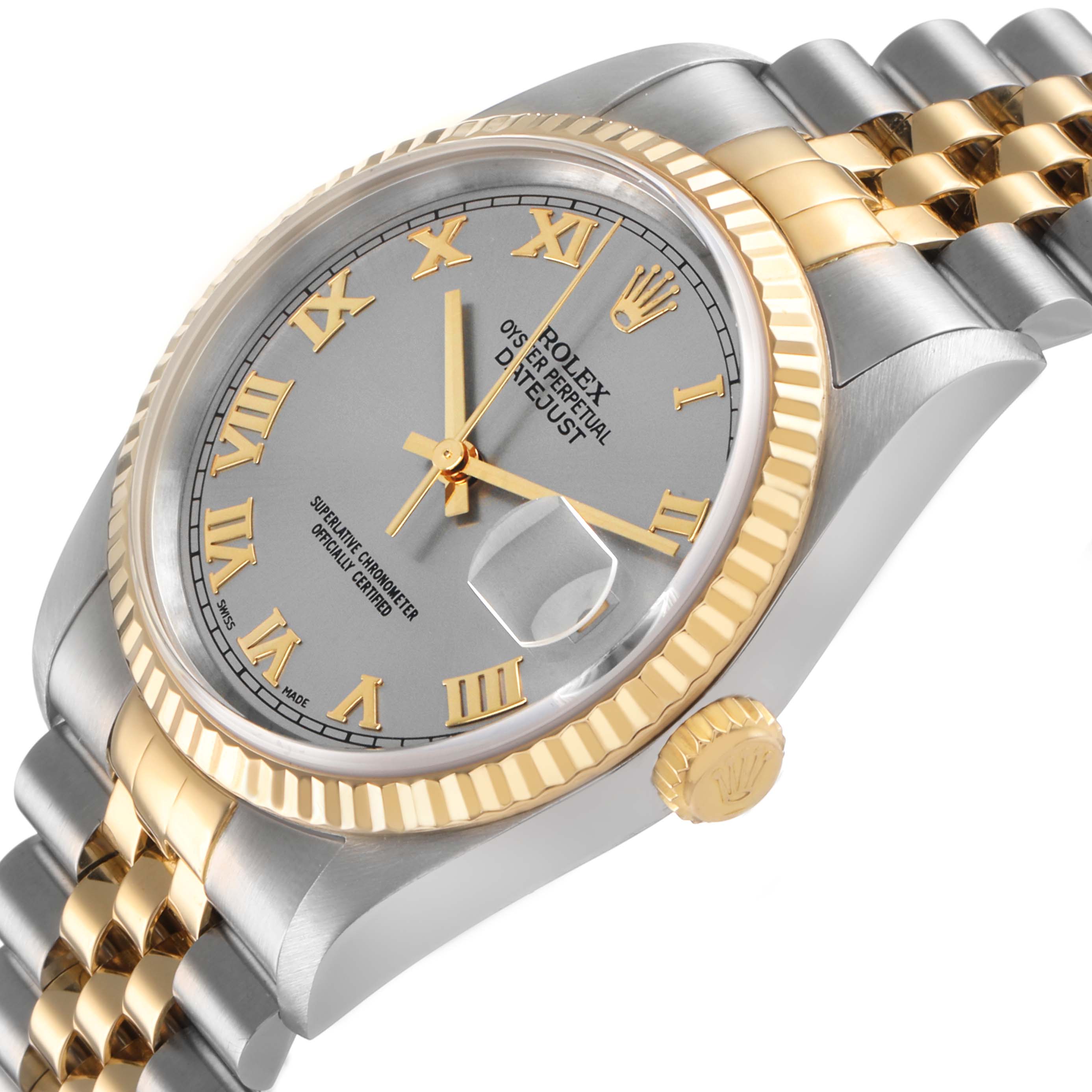 The Rolex Datejust 16233 Men's Steel and Gold (two tone) Grey Dial watch is shown at a side angle, highlighting the dial, bezel, crown, and part of the bracelet.