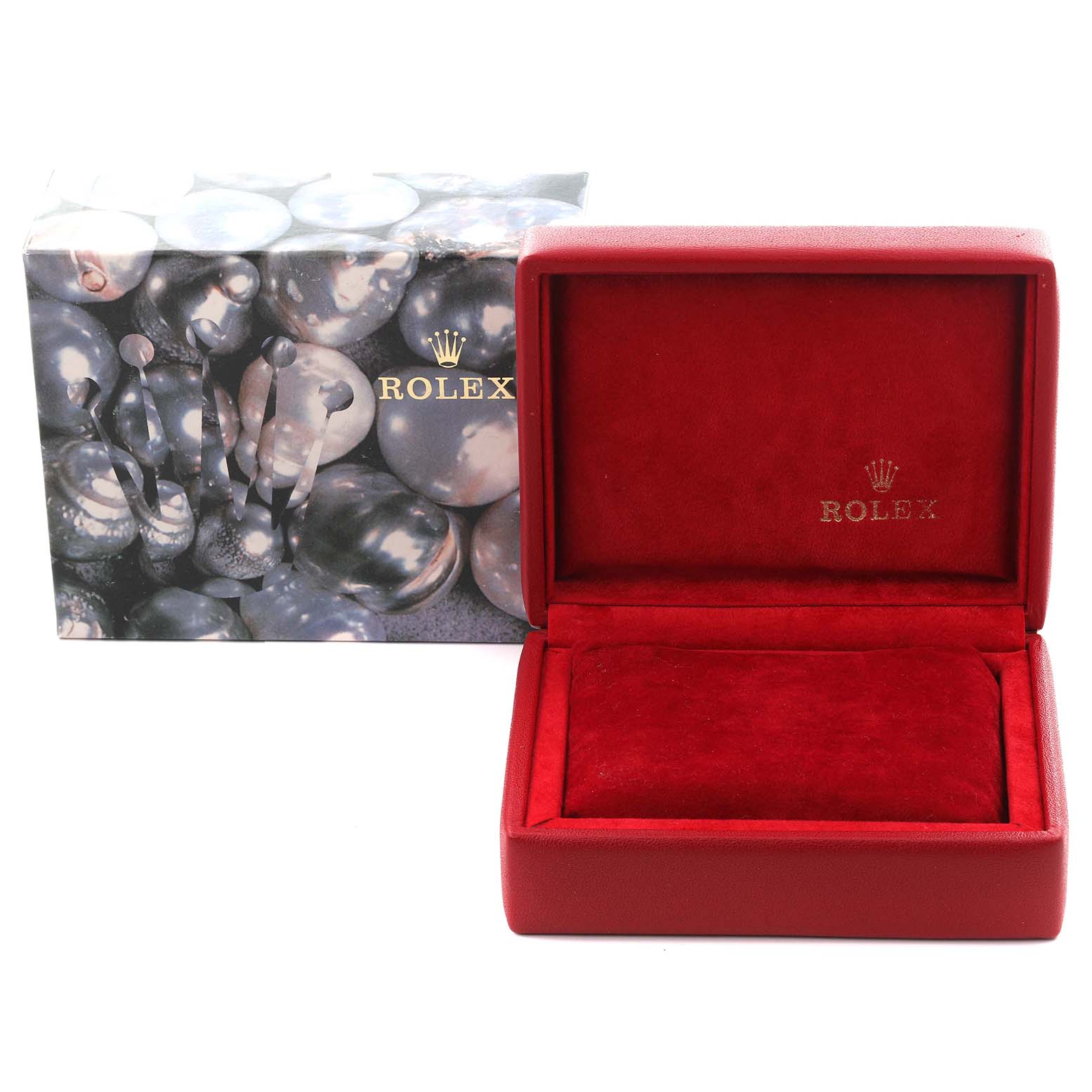 The image shows a Rolex Datejust 79173 Women's Steel and Gold (two tone) White Dial 79173 Women's Steel and Gold (two tone) White Dial box and packaging, featuring a red interior and branded exterior.