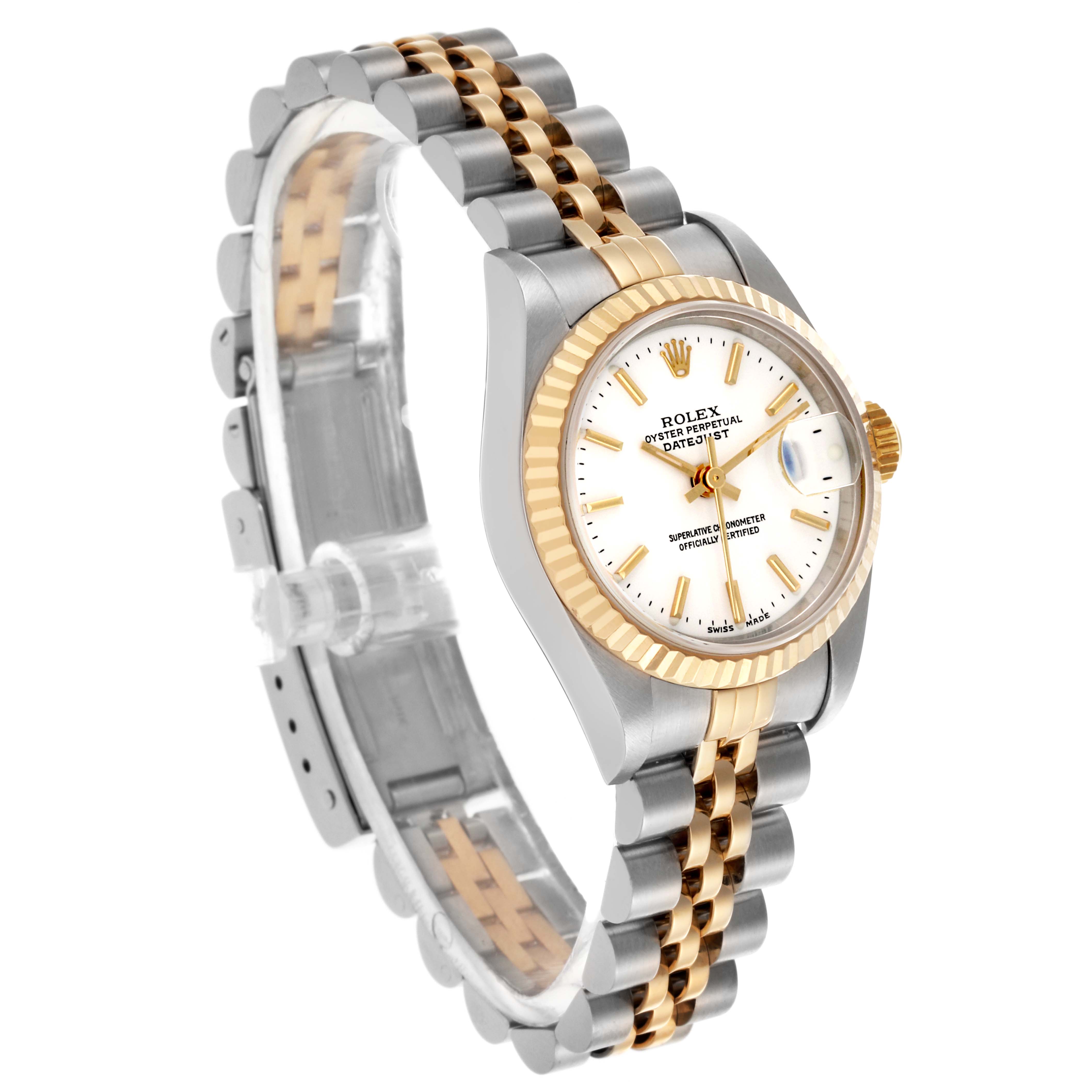 The Rolex Datejust 79173 Women's Steel and Gold (two tone) White Dial 79173 Women's Steel and Gold (two tone) White Dial watch is shown at a slight angle, highlighting the face, fluted bezel, and two-tone bracelet.