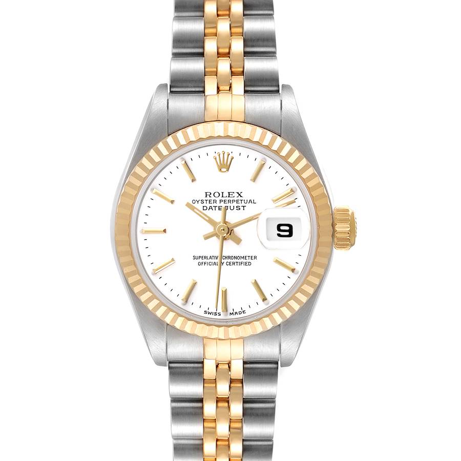 The Rolex Datejust is shown from the front, highlighting the face, bezel, and two-tone bracelet.