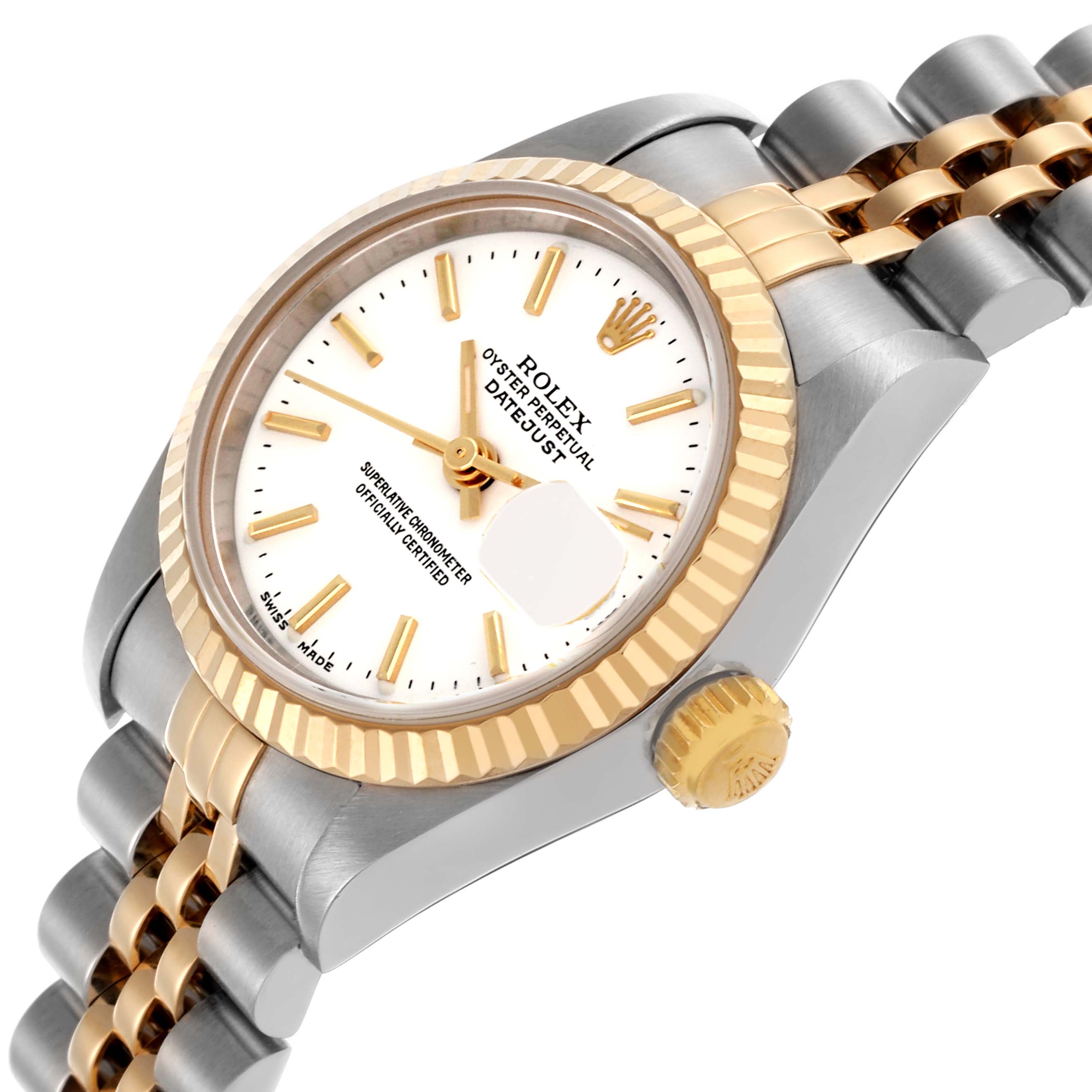 The Rolex Datejust 79173 Women's Steel and Gold (two tone) White Dial 79173 Women's Steel and Gold (two tone) White Dial model is shown at a side angle, highlighting the bezel, crown, dial, and part of the bracelet.